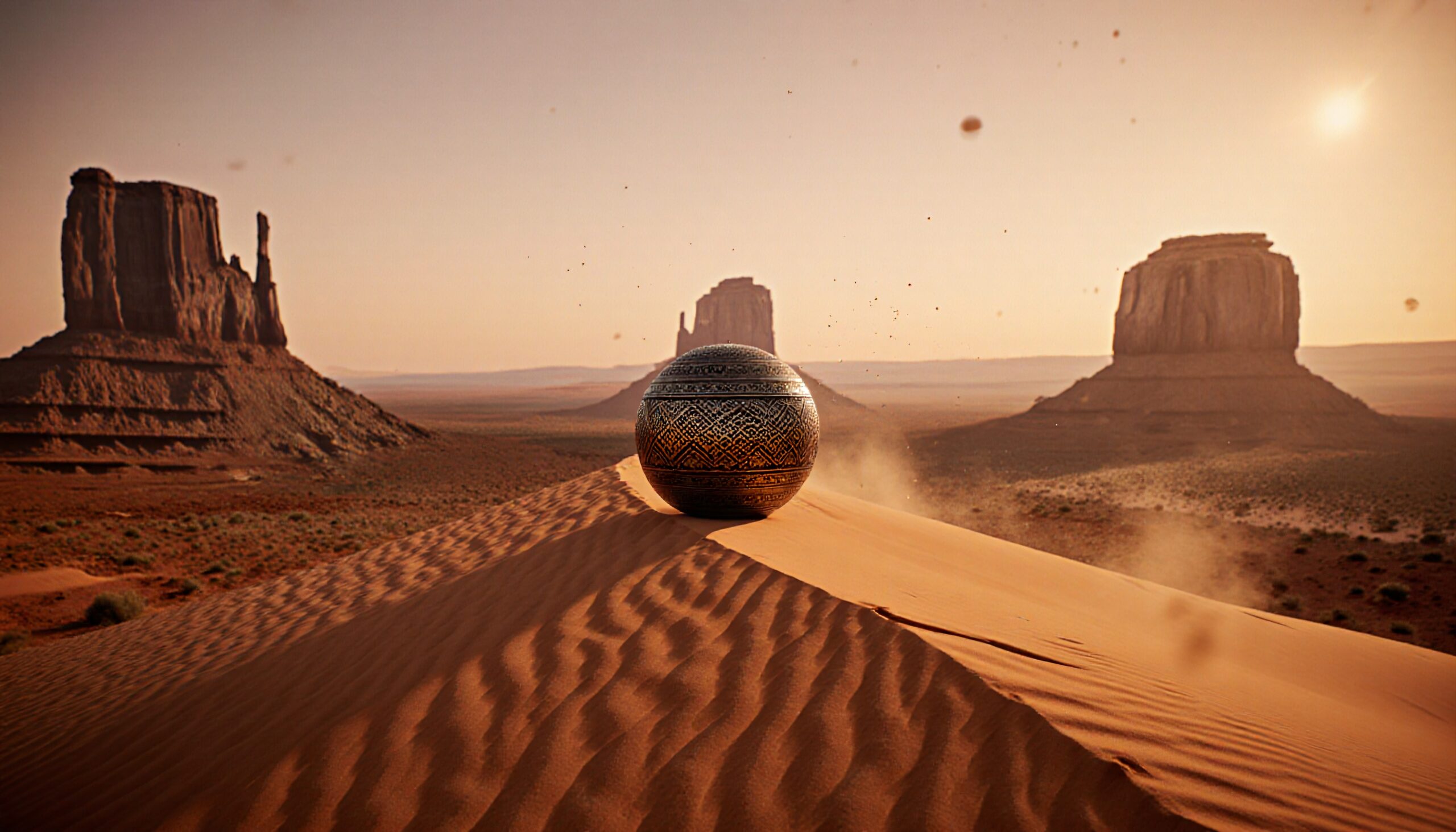 A patterned sphere atop a desert dune with towering buttes in the background, bathed in warm sunlight.