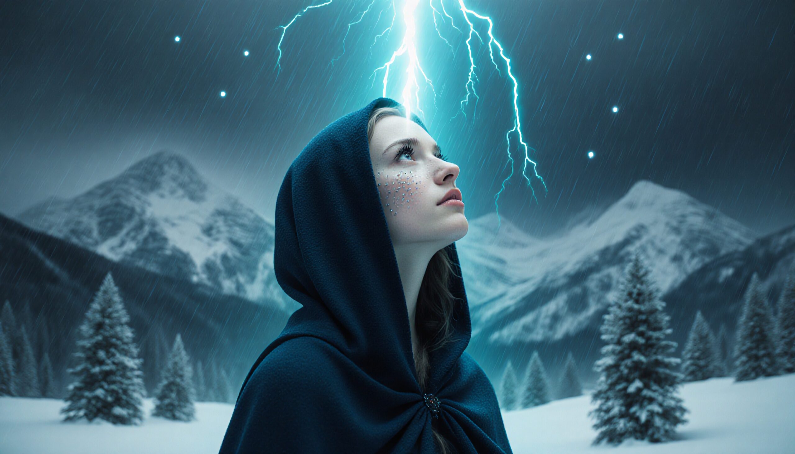 Woman under stormy winter sky.