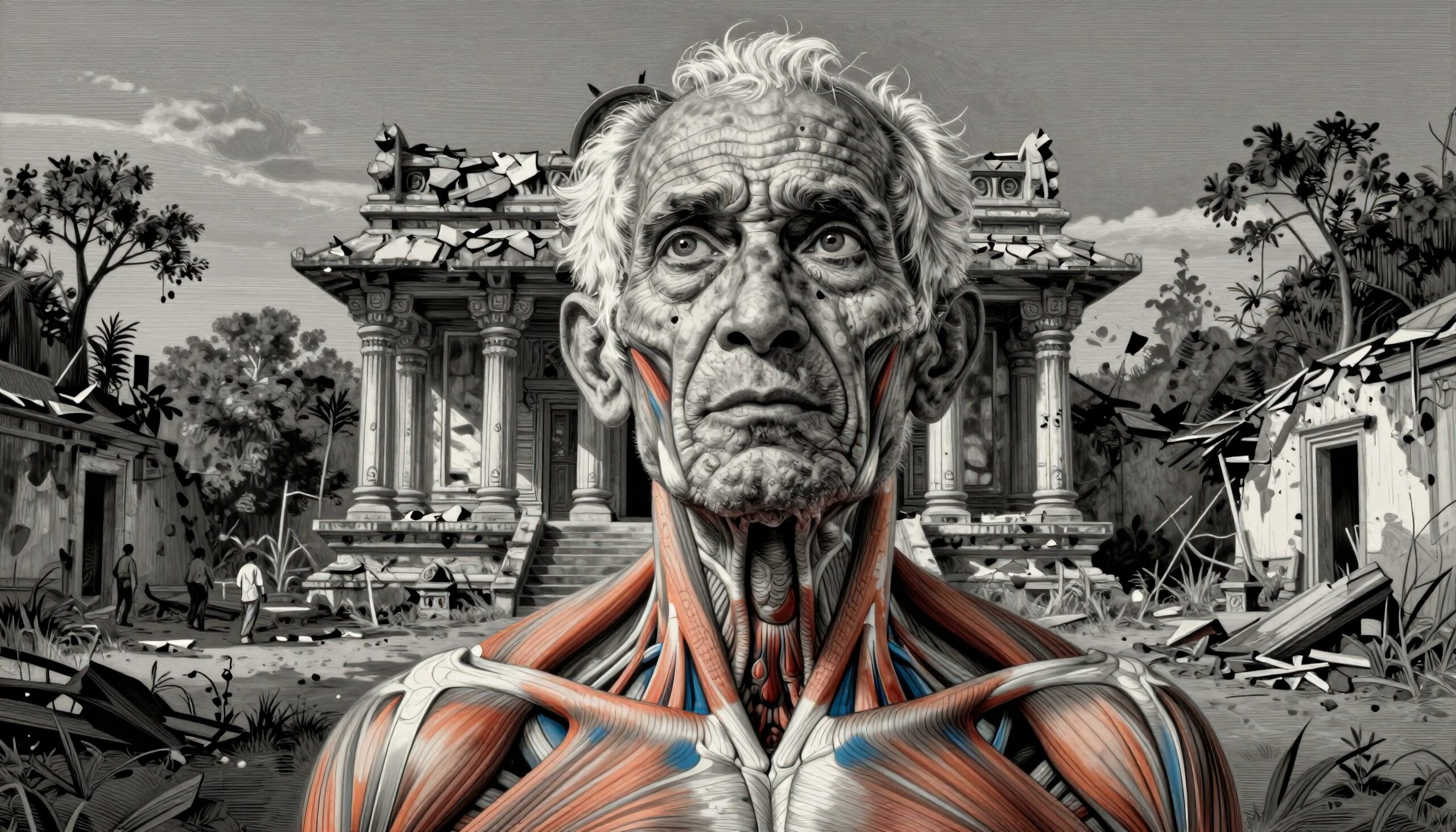 Elderly man with artistically exposed muscles stands before an ancient temple ruin in a monochromatic scene, symbolizing decay and resilience.