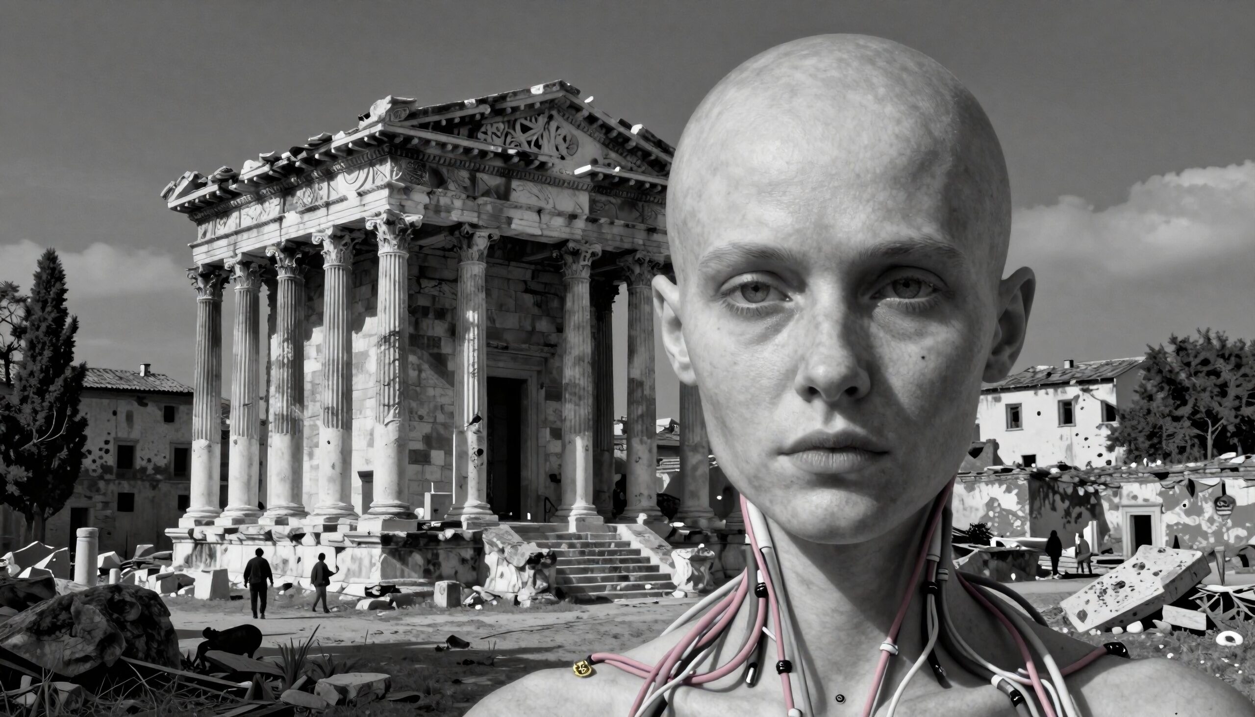A futuristic humanoid amidst ancient ruins.