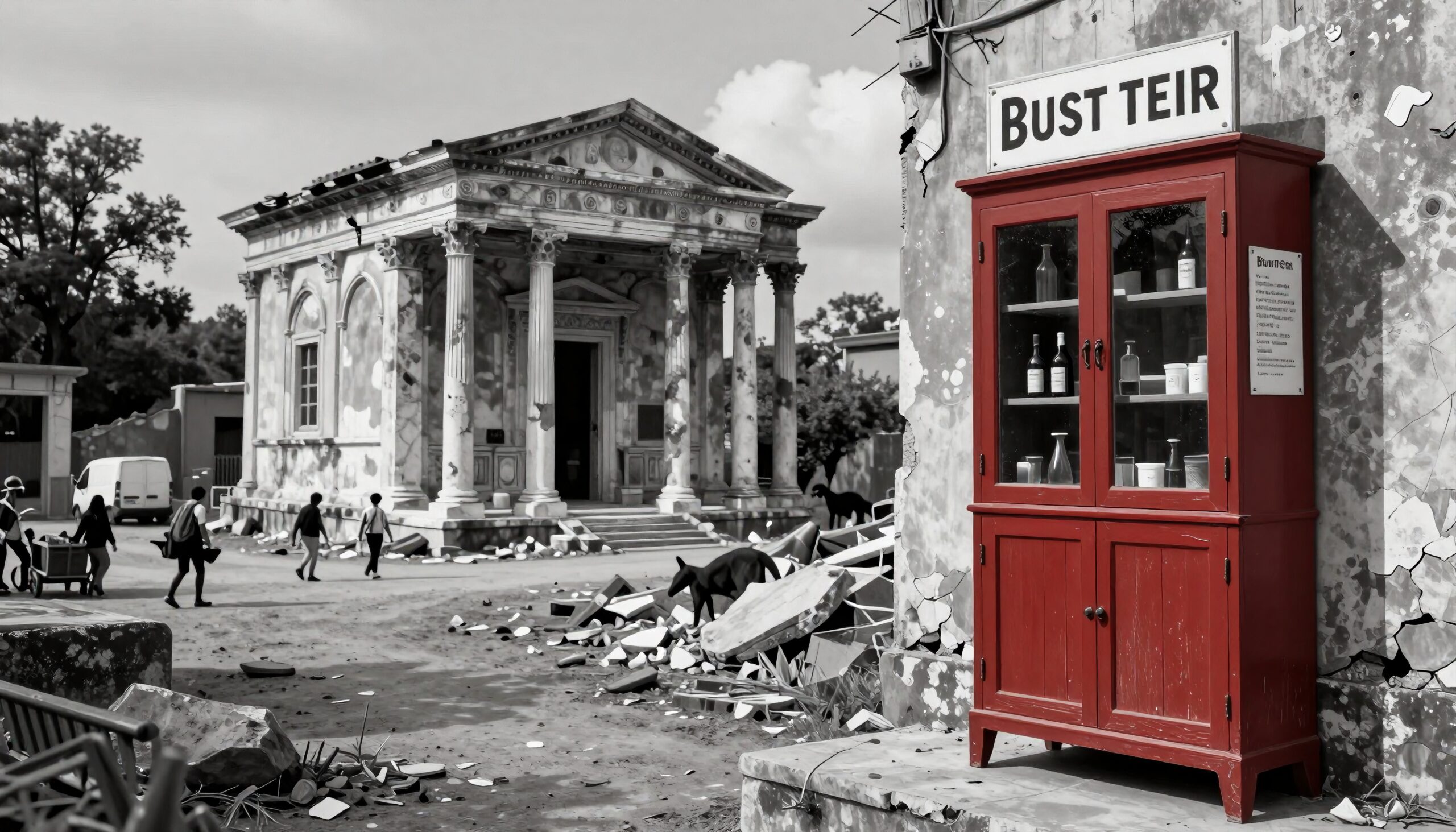 A vivid red cabinet against a historic urban backdrop with rubble and people walking nearby.