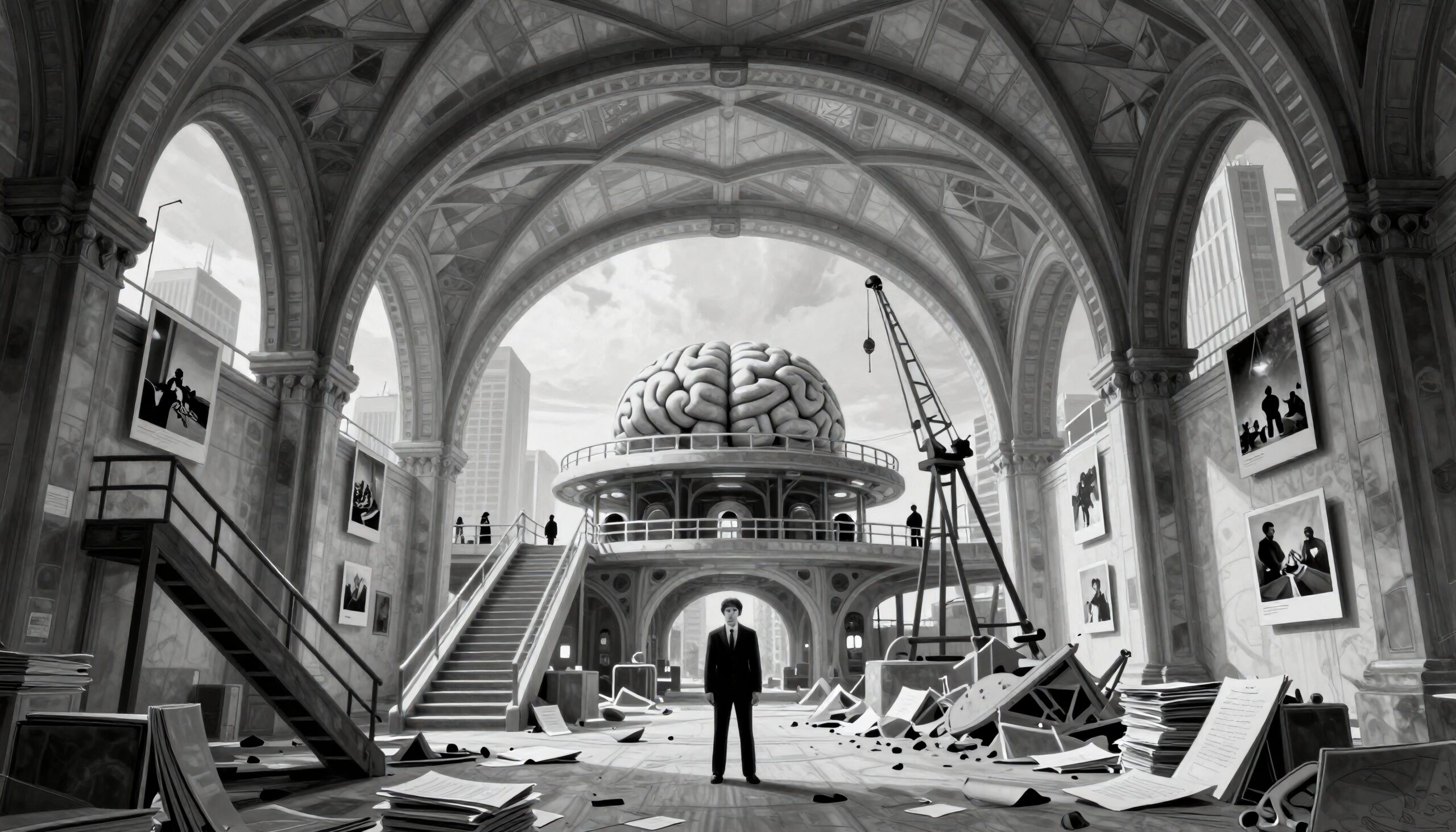 A grand hall featuring a central brain structure symbolizes the intersection of science and art amid architectural elegance and scattered debris.