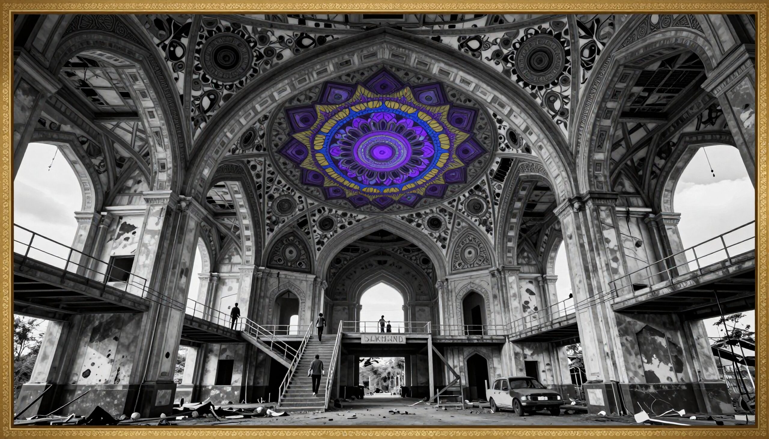 Ornate interior with striking purple mandala ceiling.