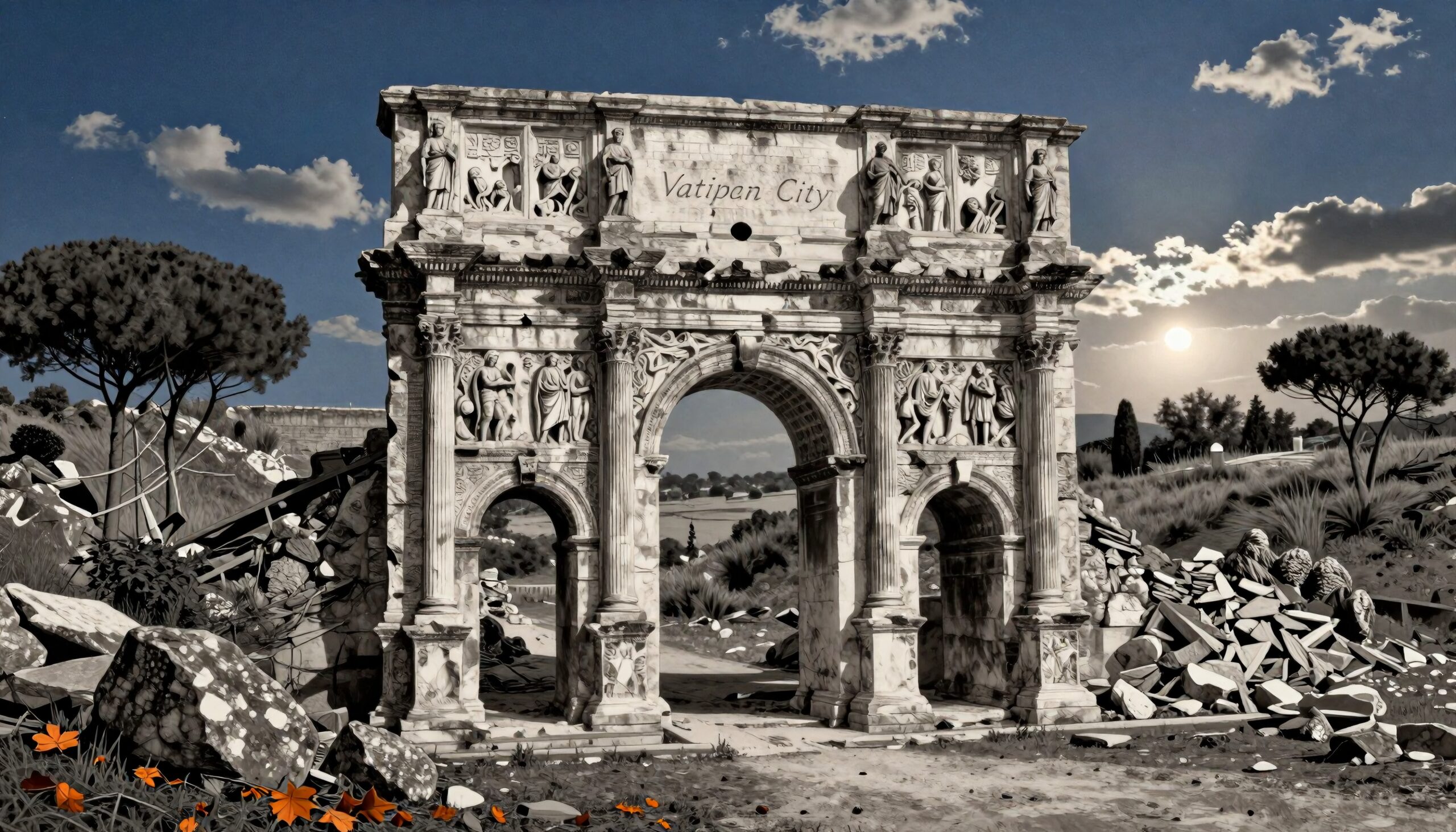 Historic arch amidst autumn landscape.