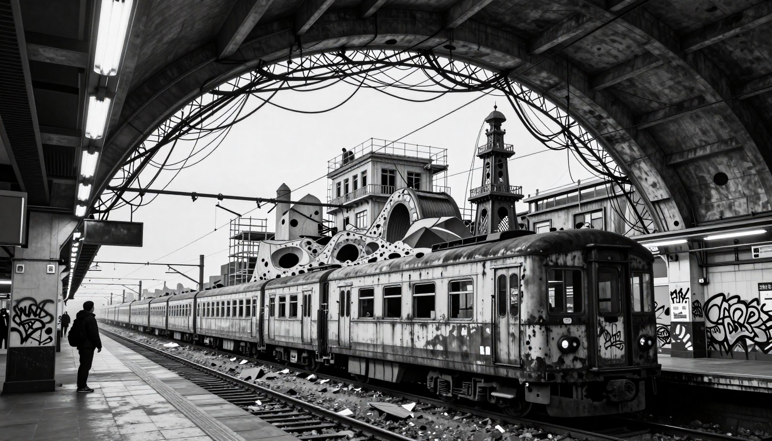A vintage train with graffiti under a complex arched roof at an urban station.
