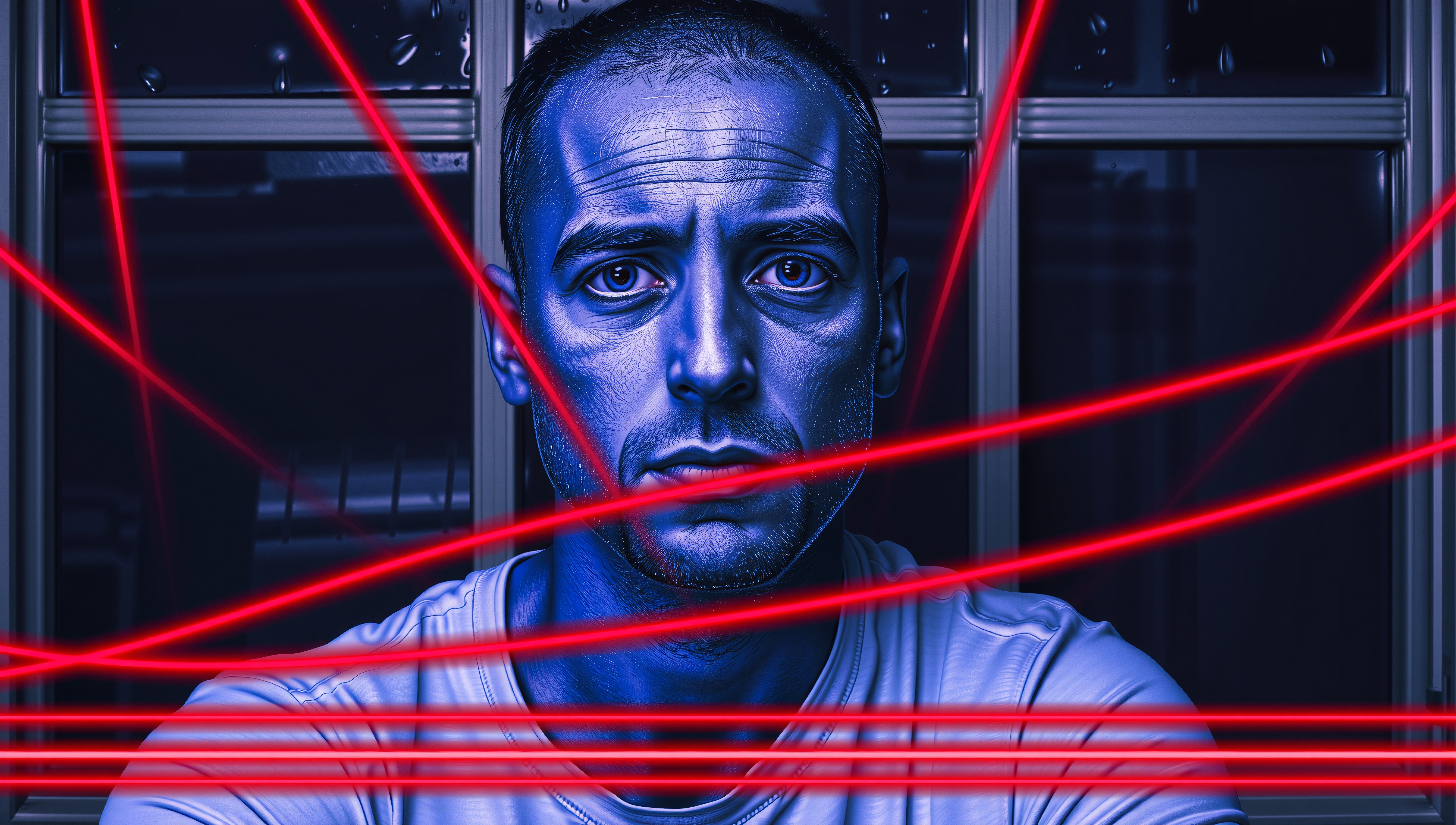 A man navigates through intense red laser beams, featured in a bluish hue, creating a high-tech and suspenseful atmosphere.