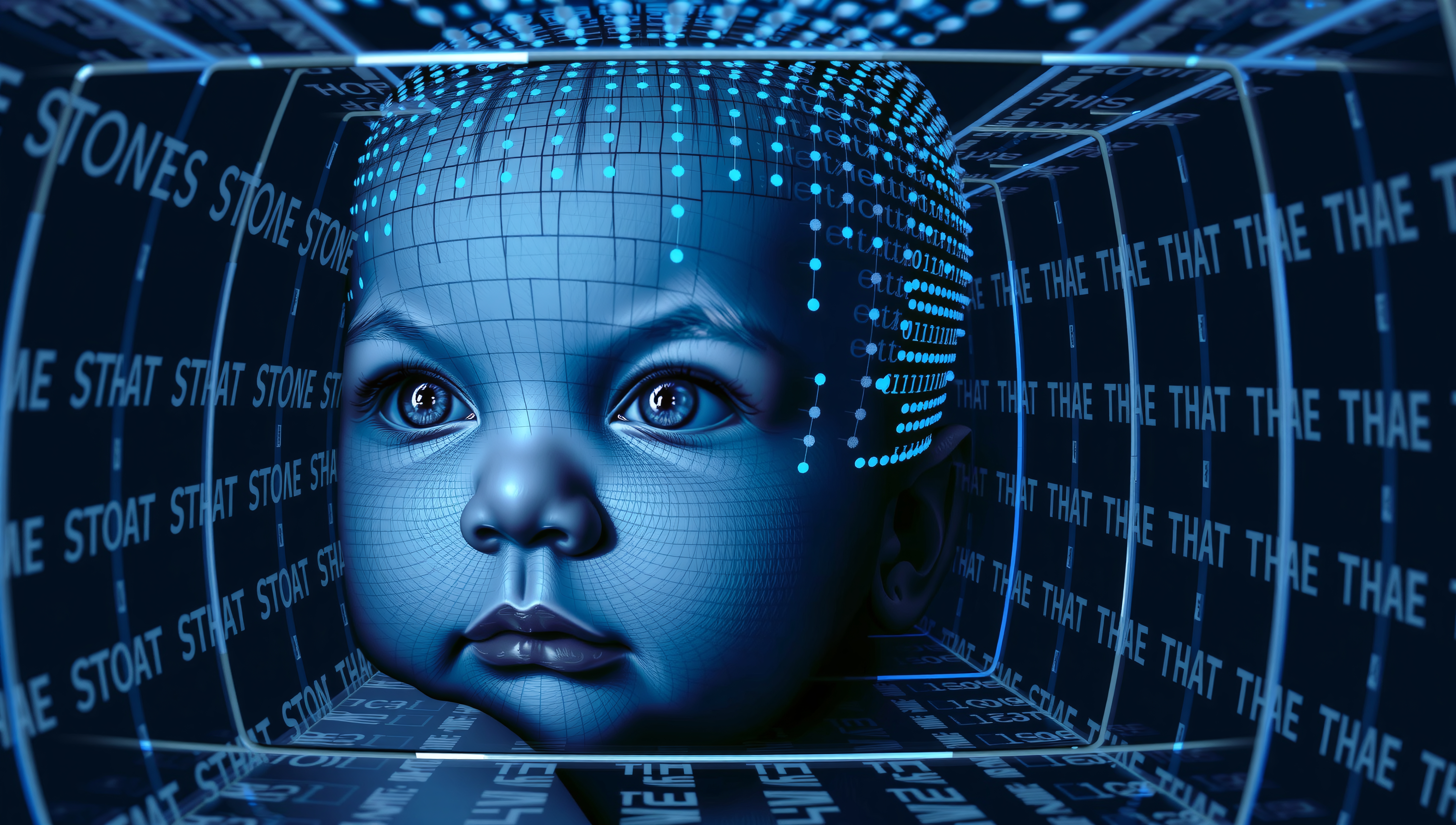 Digital depiction of a futuristic, technology-themed baby face with holographic elements and a blue color scheme.
