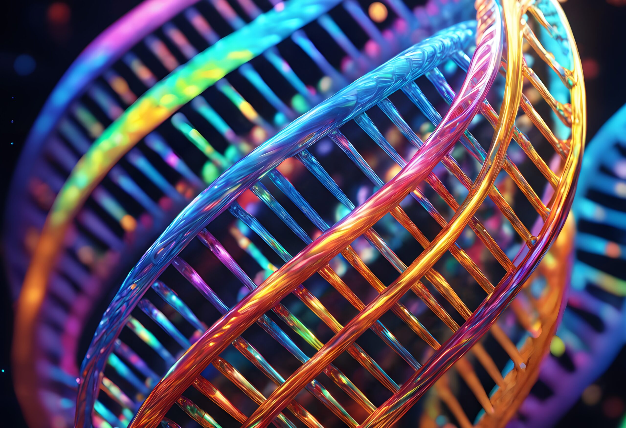 A vibrant, artistic rendering of a colorful DNA helix structure.