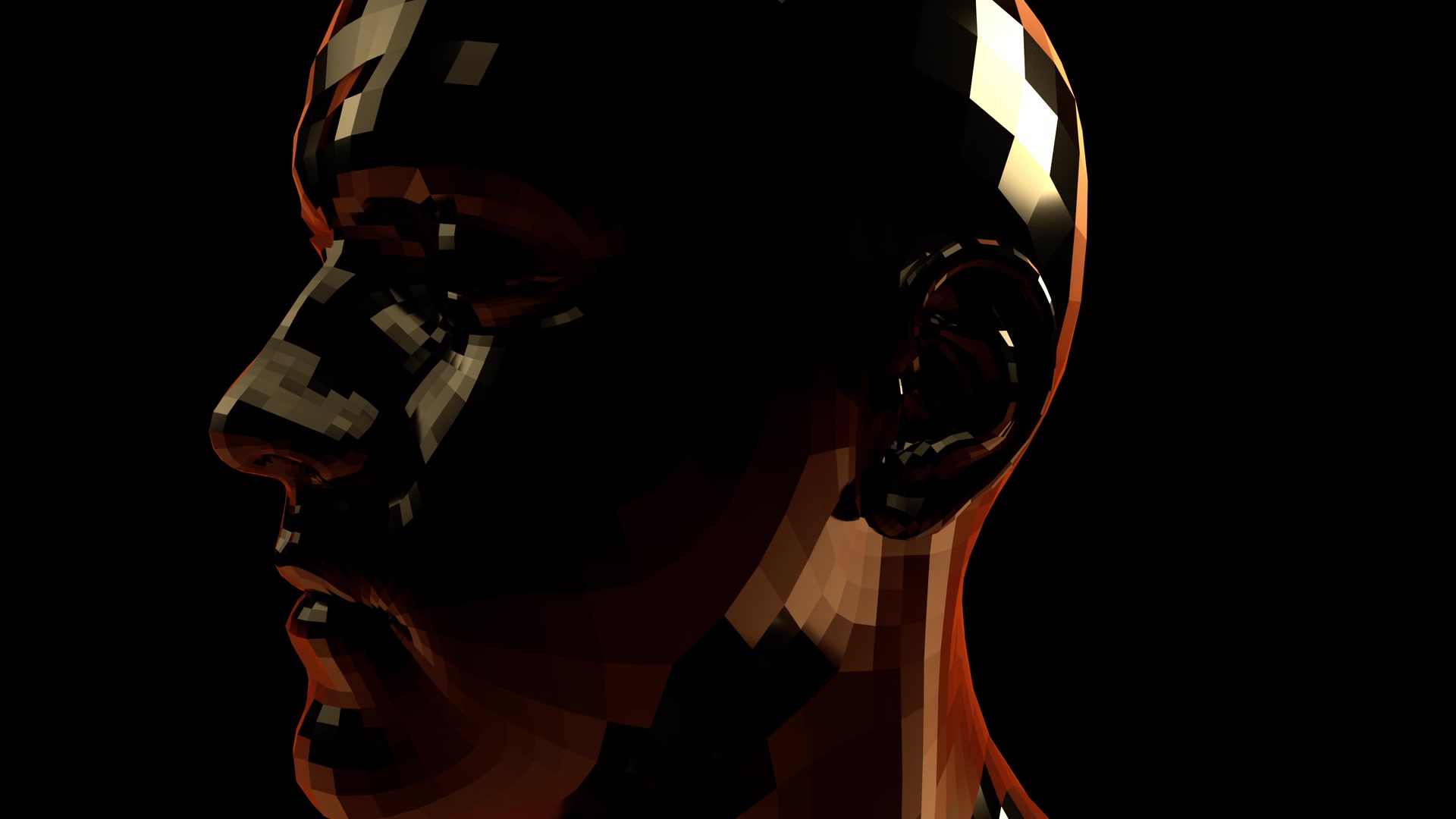 Geometric humanoid head sculpture reflecting cinematic ambient lighting on stark black video backdrop.