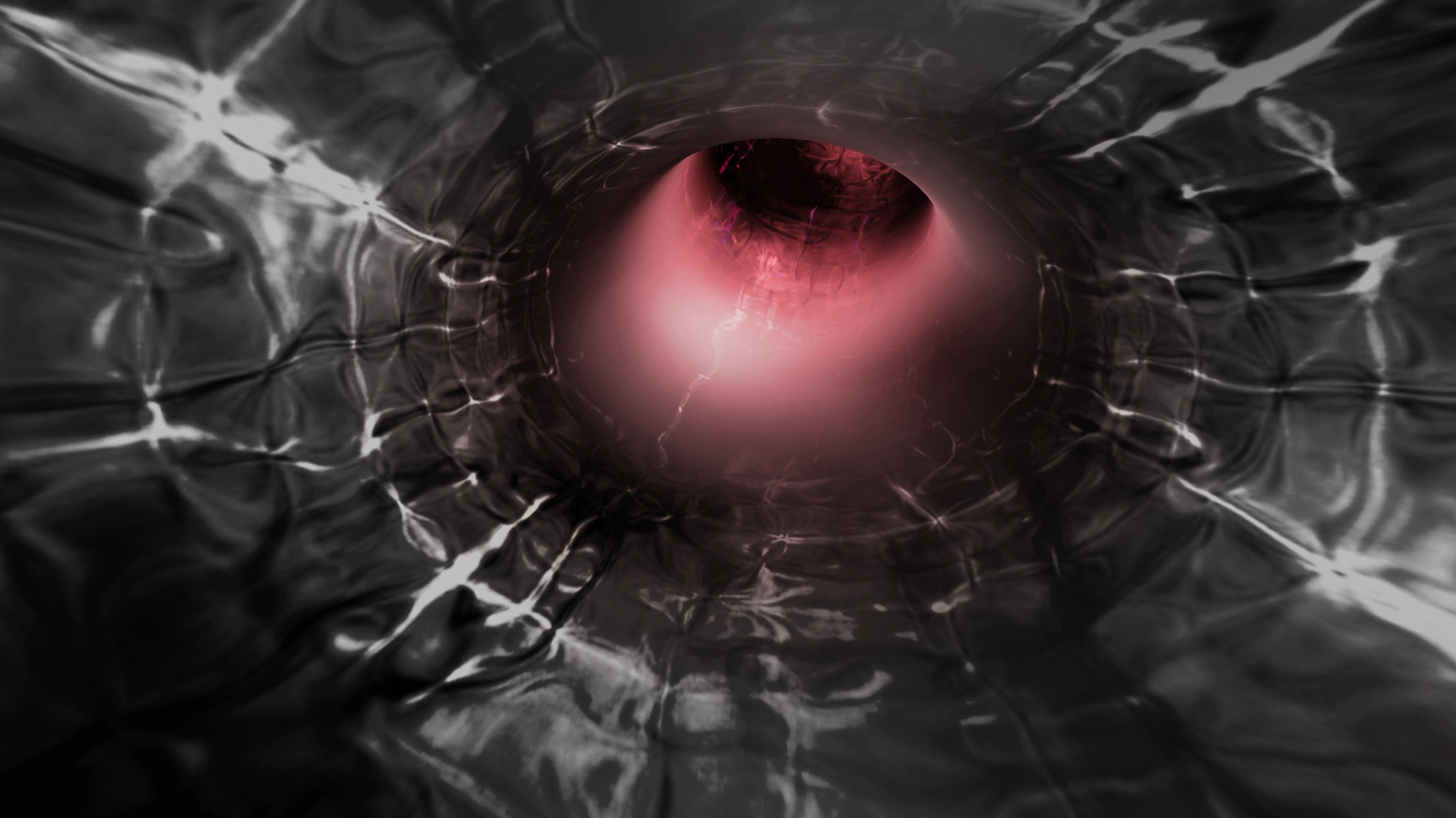 4K video loop of an abstract swirling animation with a vivid cosmic vortex, featuring dynamic pink and red hues contrasted ag