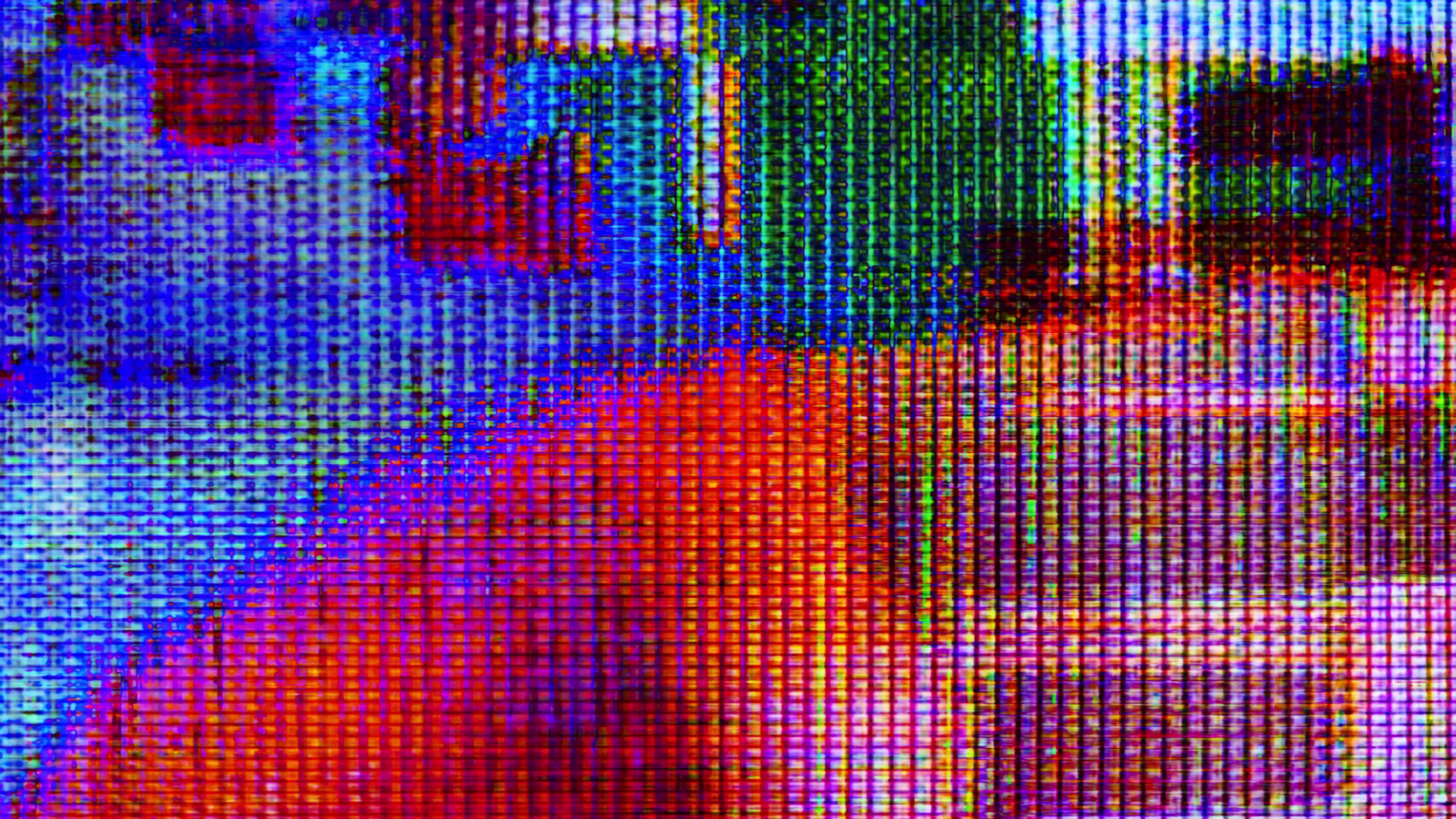 Abstract digital noise 4K video art piece featuring vibrant blues, greens, and reds with a pixelated, glitchy texture.
