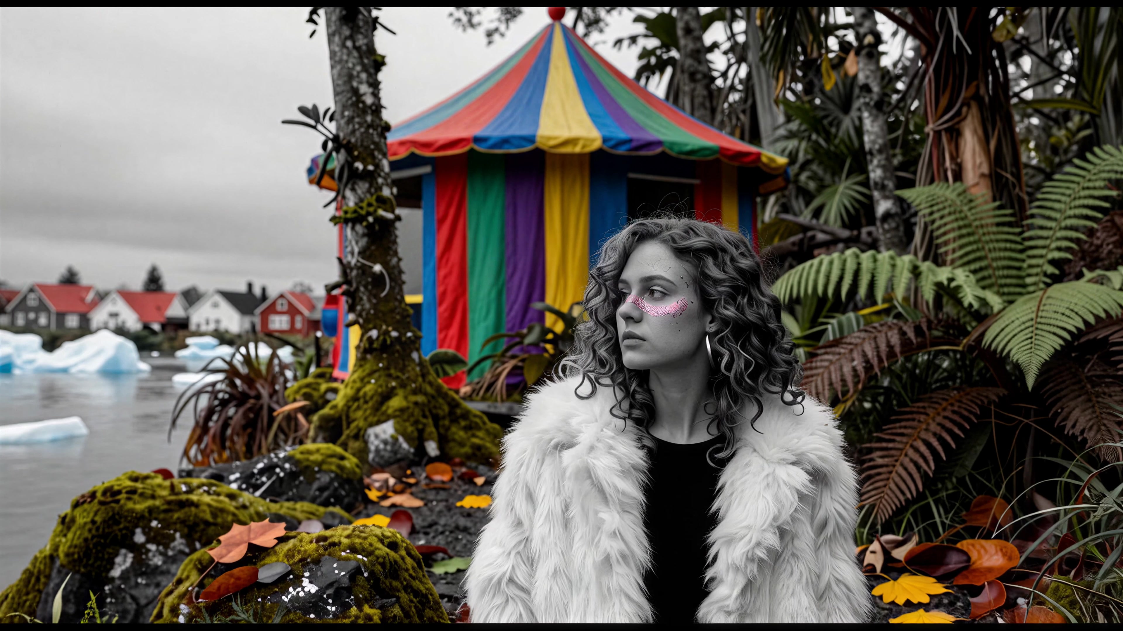 Woman in furry coat beside colorful carnival tent near icy water surrounded by autumn leaves and mossy rocks.