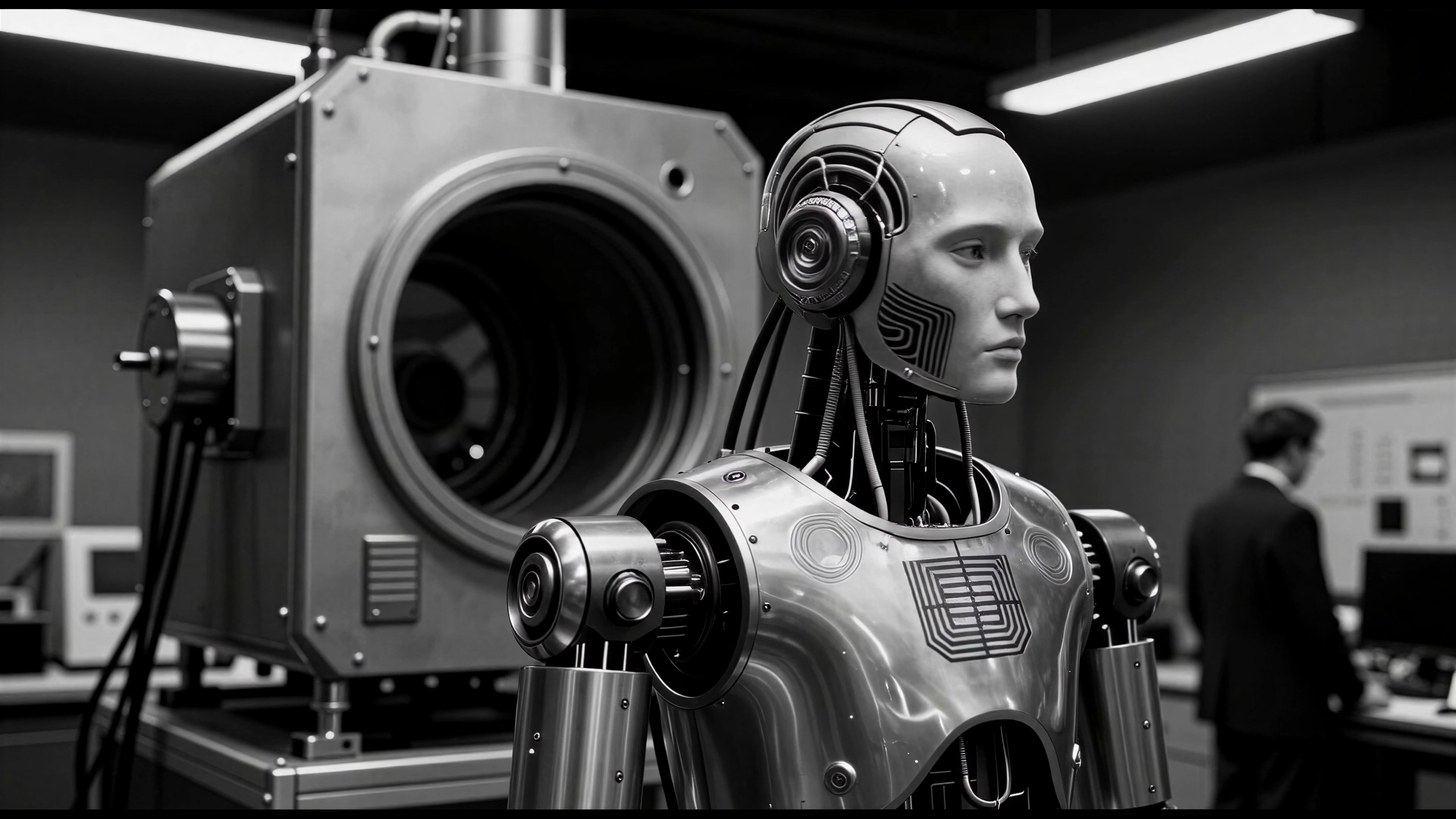 4K video of a futuristic android standing silently in a high tech laboratory with glowing circuits and metallic sheen.