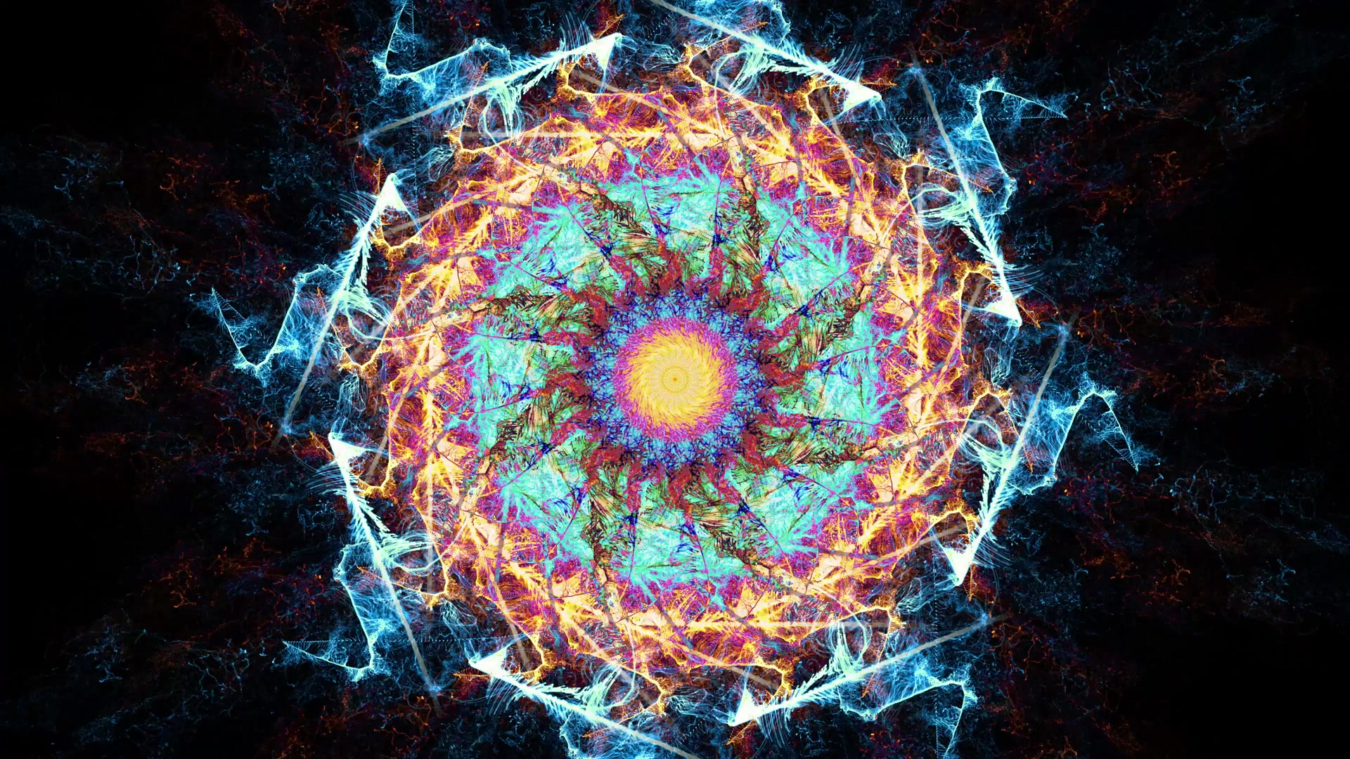 Free HD video loop of a vibrant and intricate mandala animation featuring a swirling blue center surrounded by layers of pink