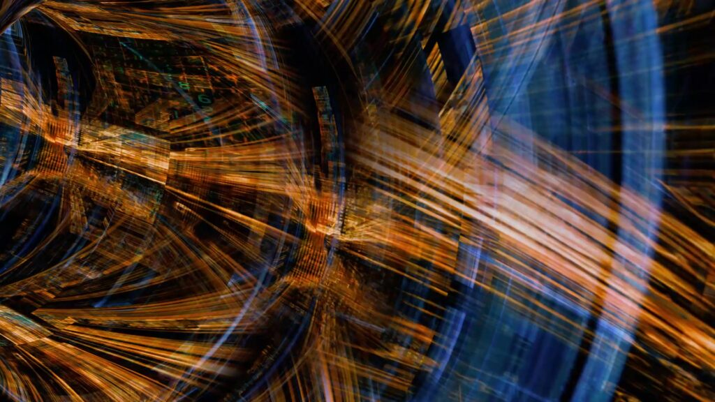 Free HD video abstract digital animation featuring dynamic blue and orange swirling lines forming a futuristic tunnel, evokin