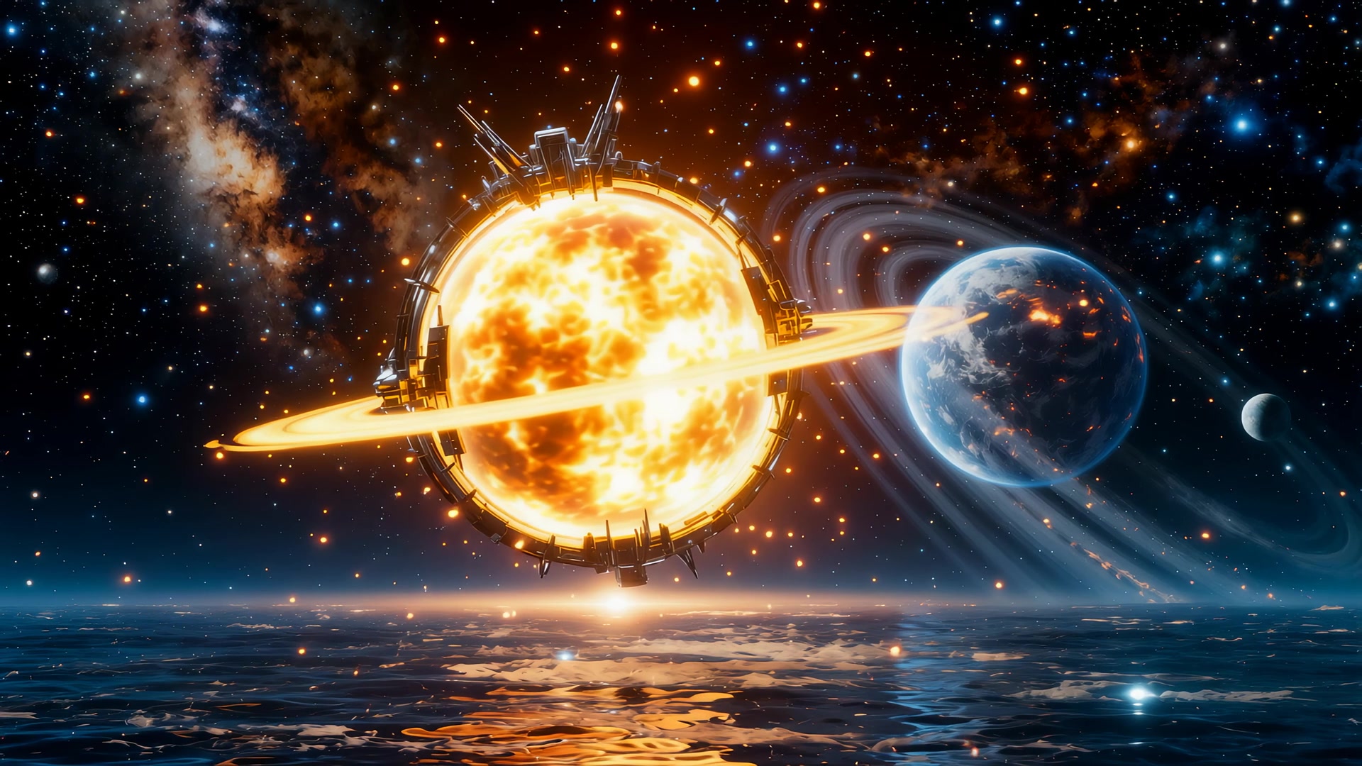Futuristic solar station orbiting planet over ocean under starry sky