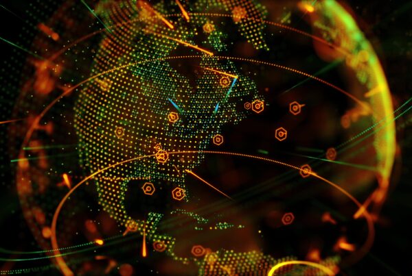 4K video of a glowing digital orb representing global connectedness via 3D animated circuits and hexagons.
