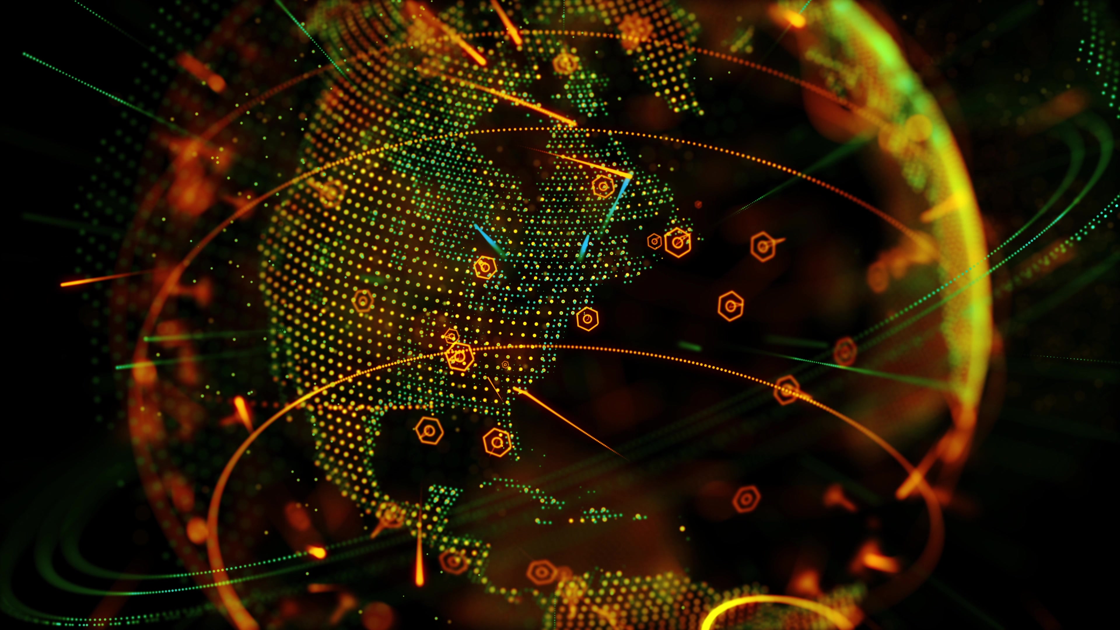 4K video of a glowing digital orb representing global connectedness via 3D animated circuits and hexagons.