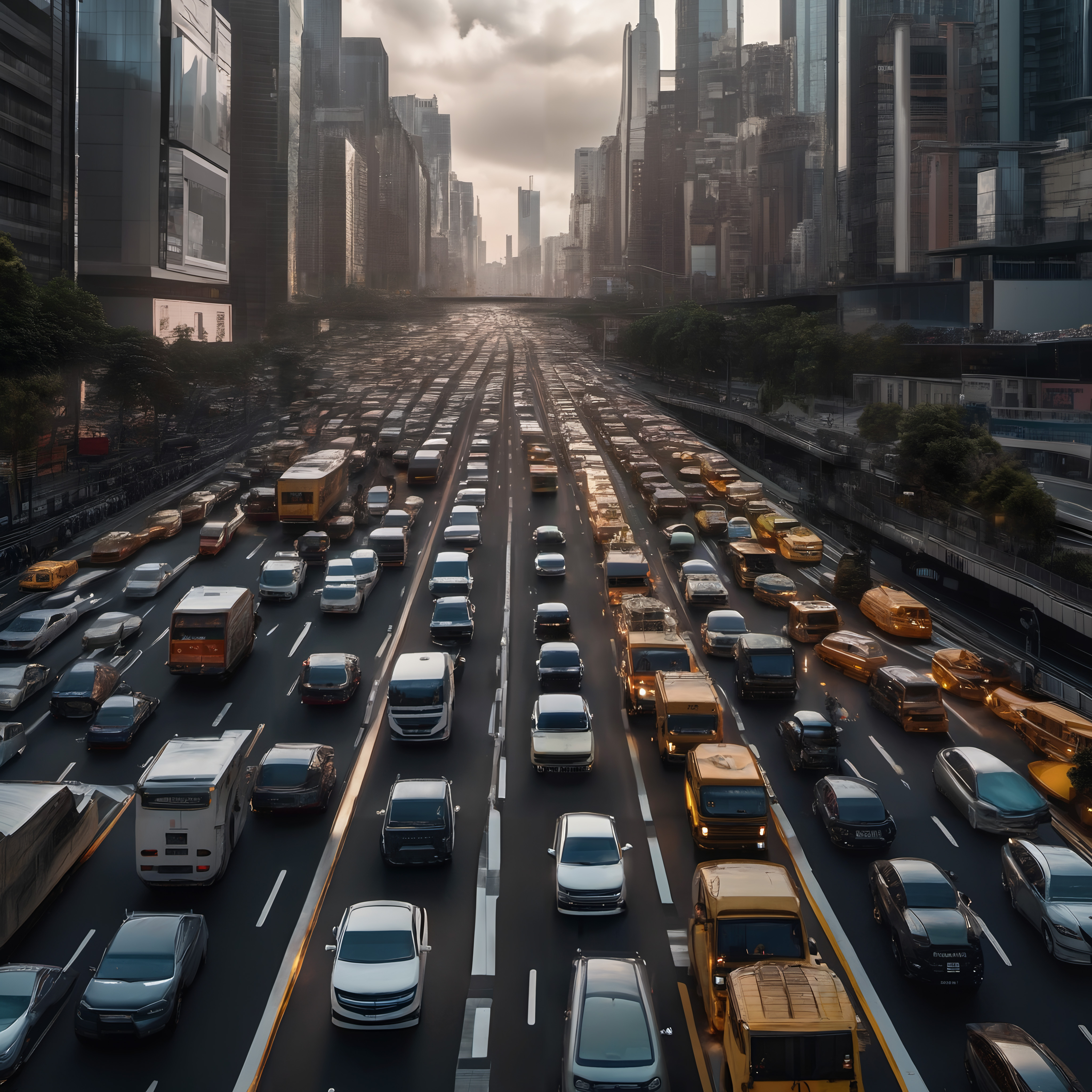 Busy city highway with dense traffic during rush hour, surrounded by skyscrapers.