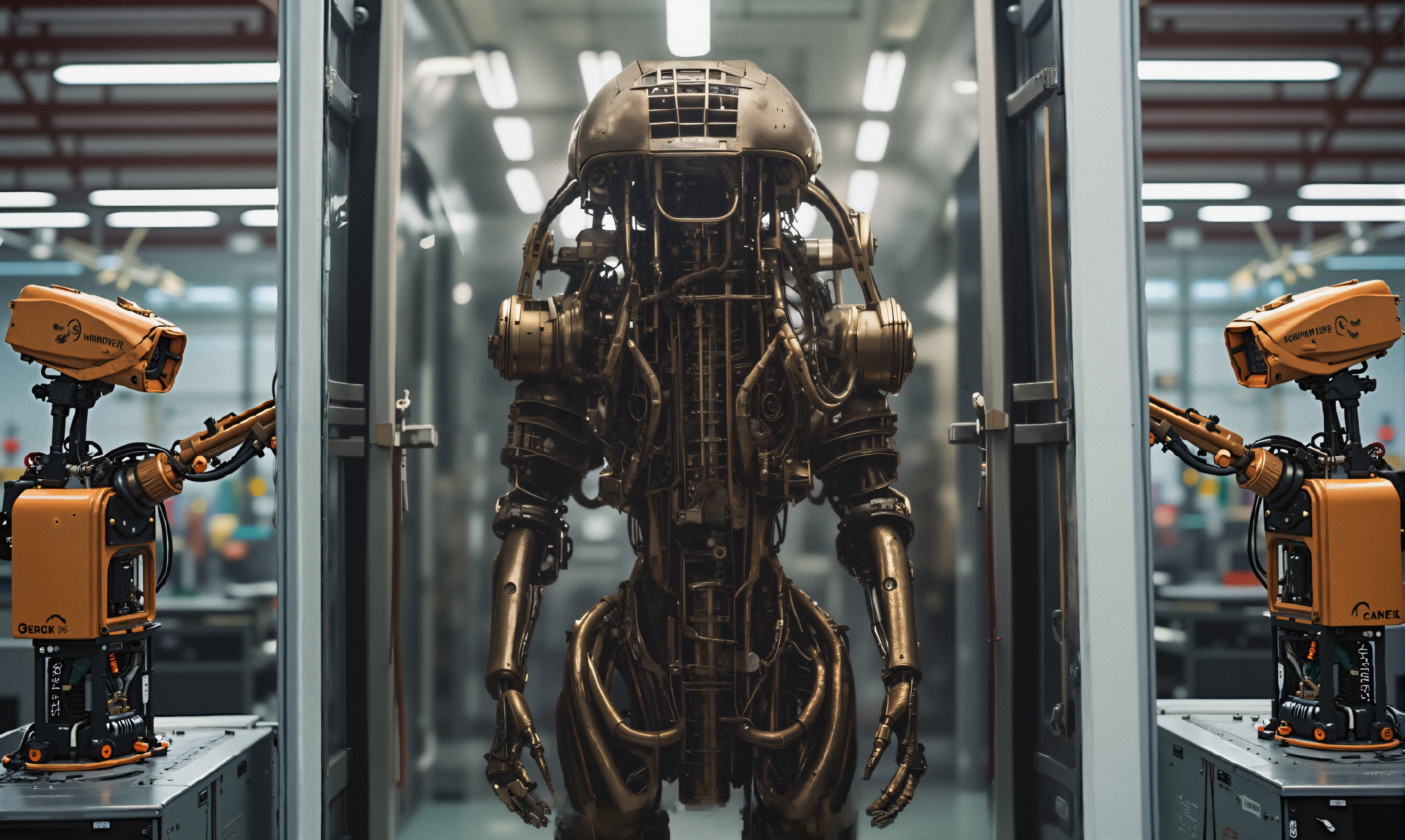 A central humanoid robot stands in a glass enclosure flanked by robotic arms in an industrial setting.