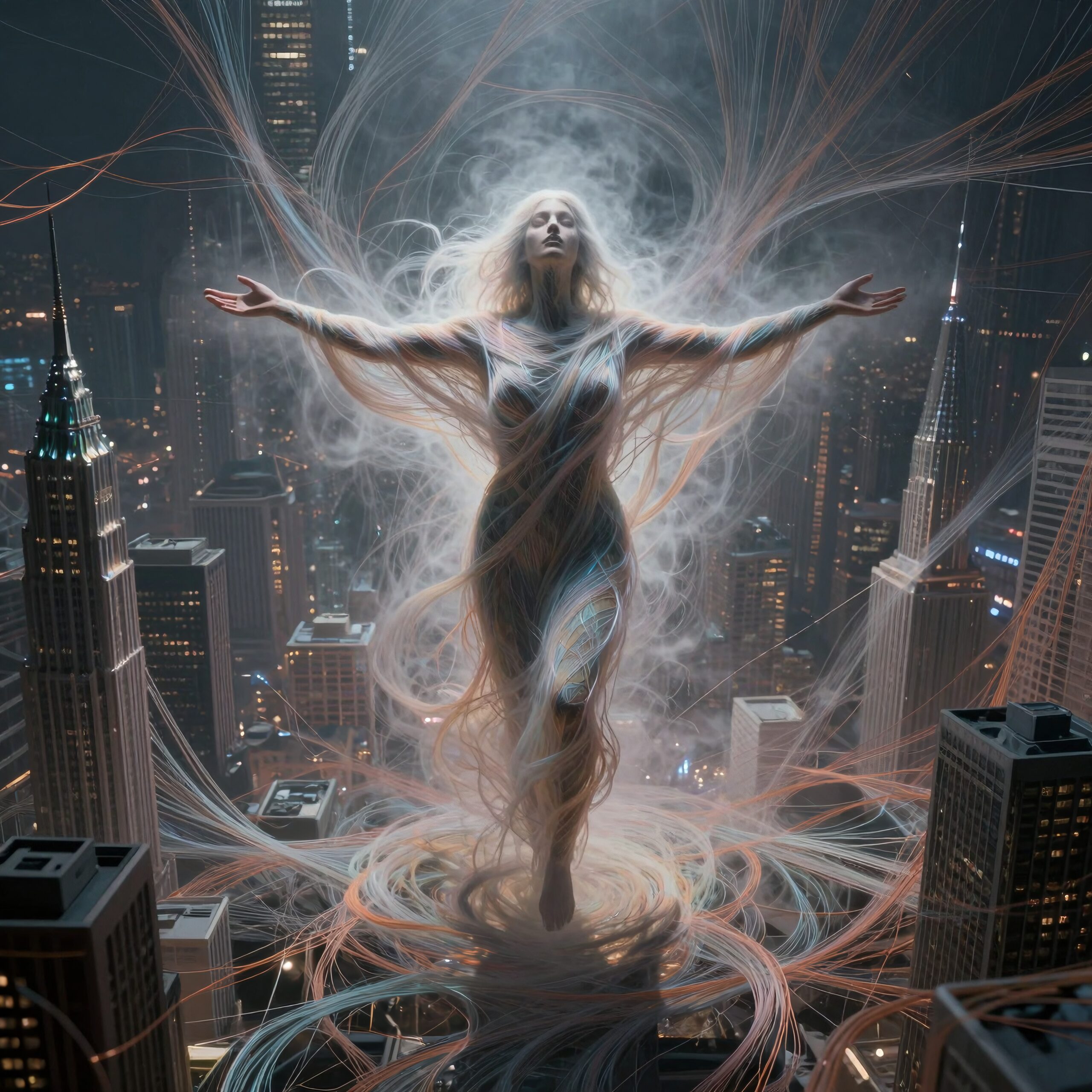 A human-like figure levitates above a cityscape, wrapped in luminous strands, creating a surreal and ethereal scene.