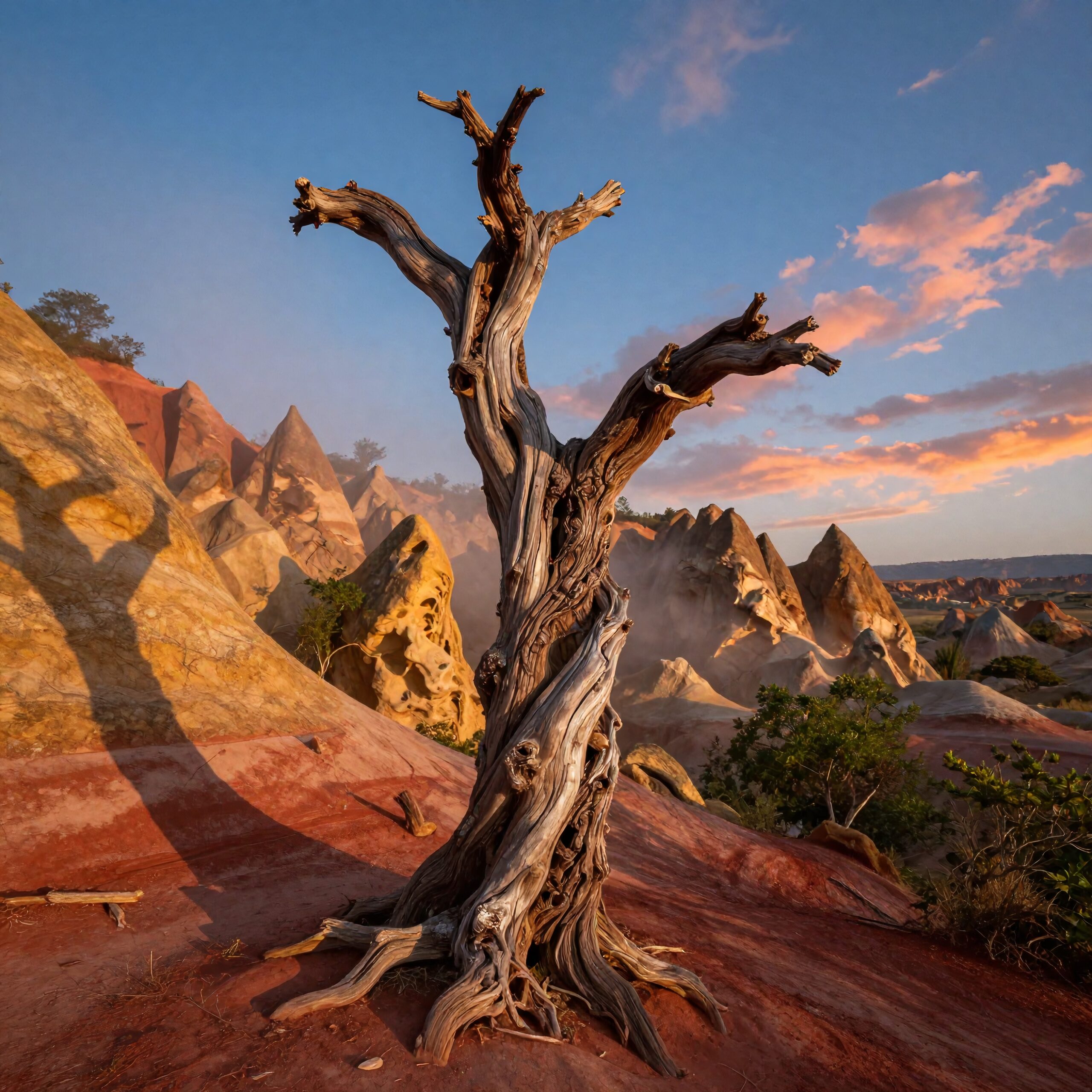 Gnarled tree against rocky desert landscape.