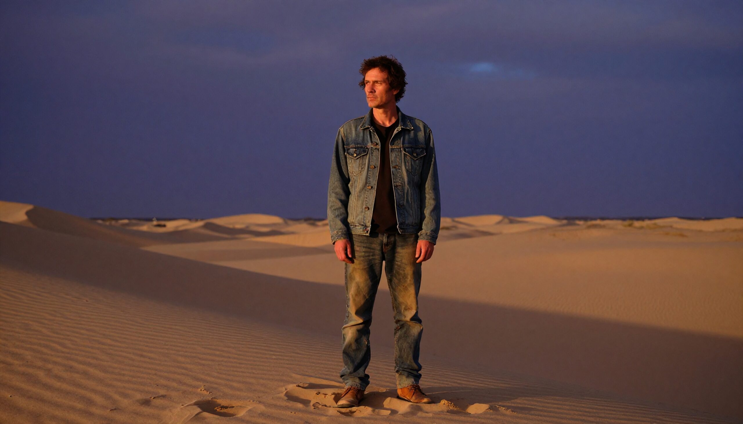 A man in a denim jacket stands on expansive sand dunes under a dusky sky, creating a serene desert scene.
