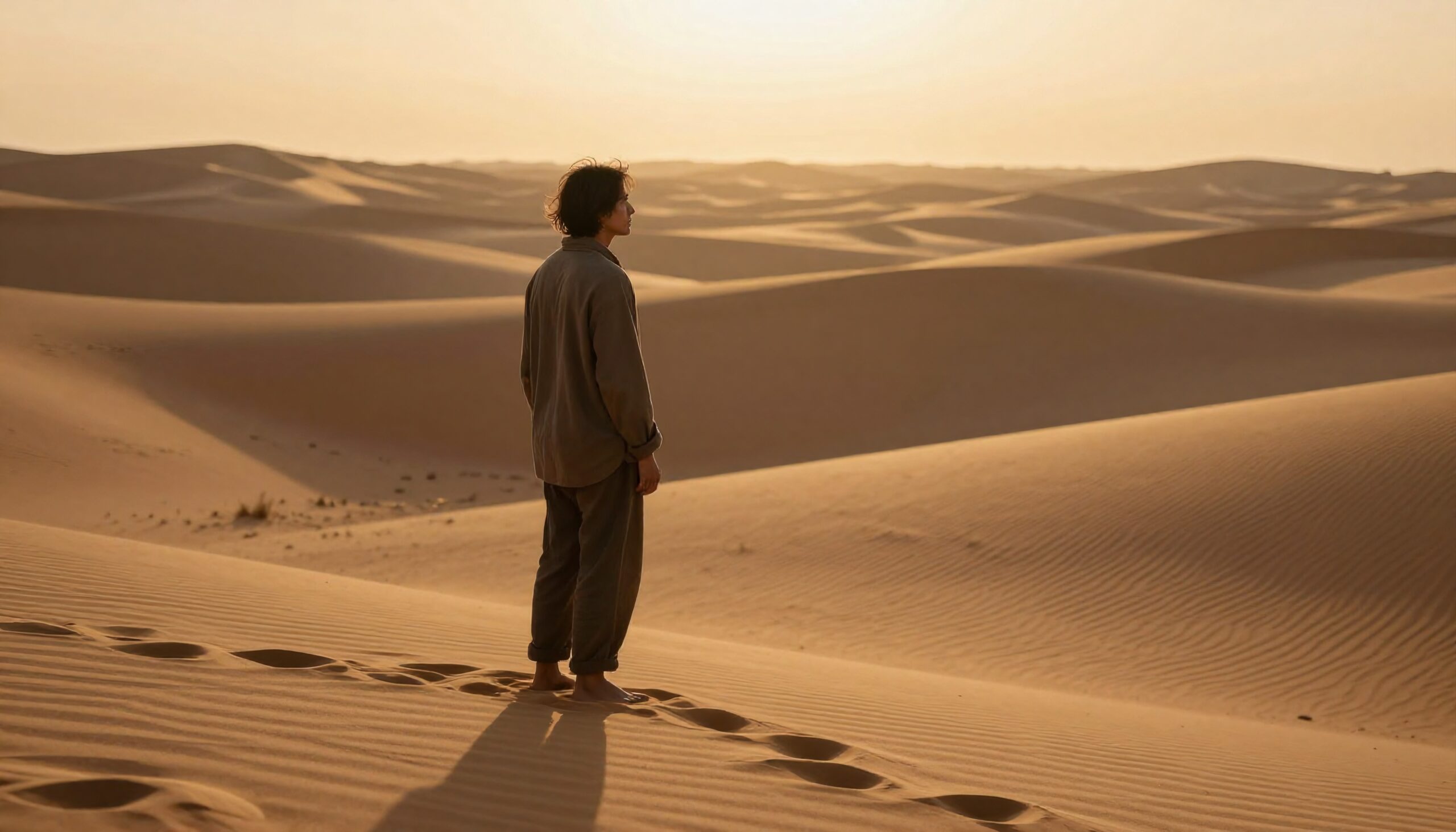 A person stands on a sand dune, gazing at a vast desert landscape under a golden sunset.