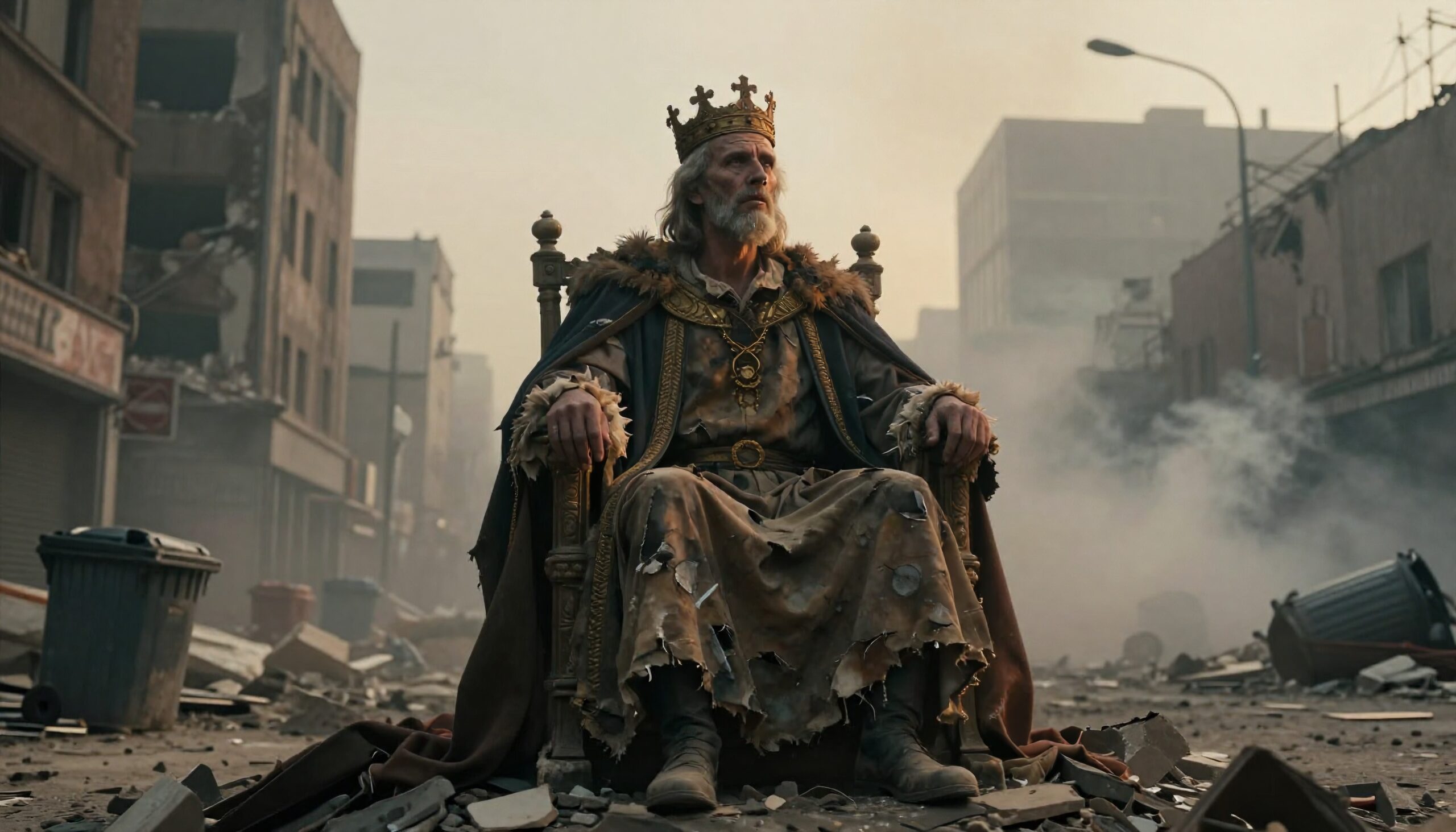 A contemplative king in regal attire sits amidst urban ruins, symbolizing lost power and desolation.