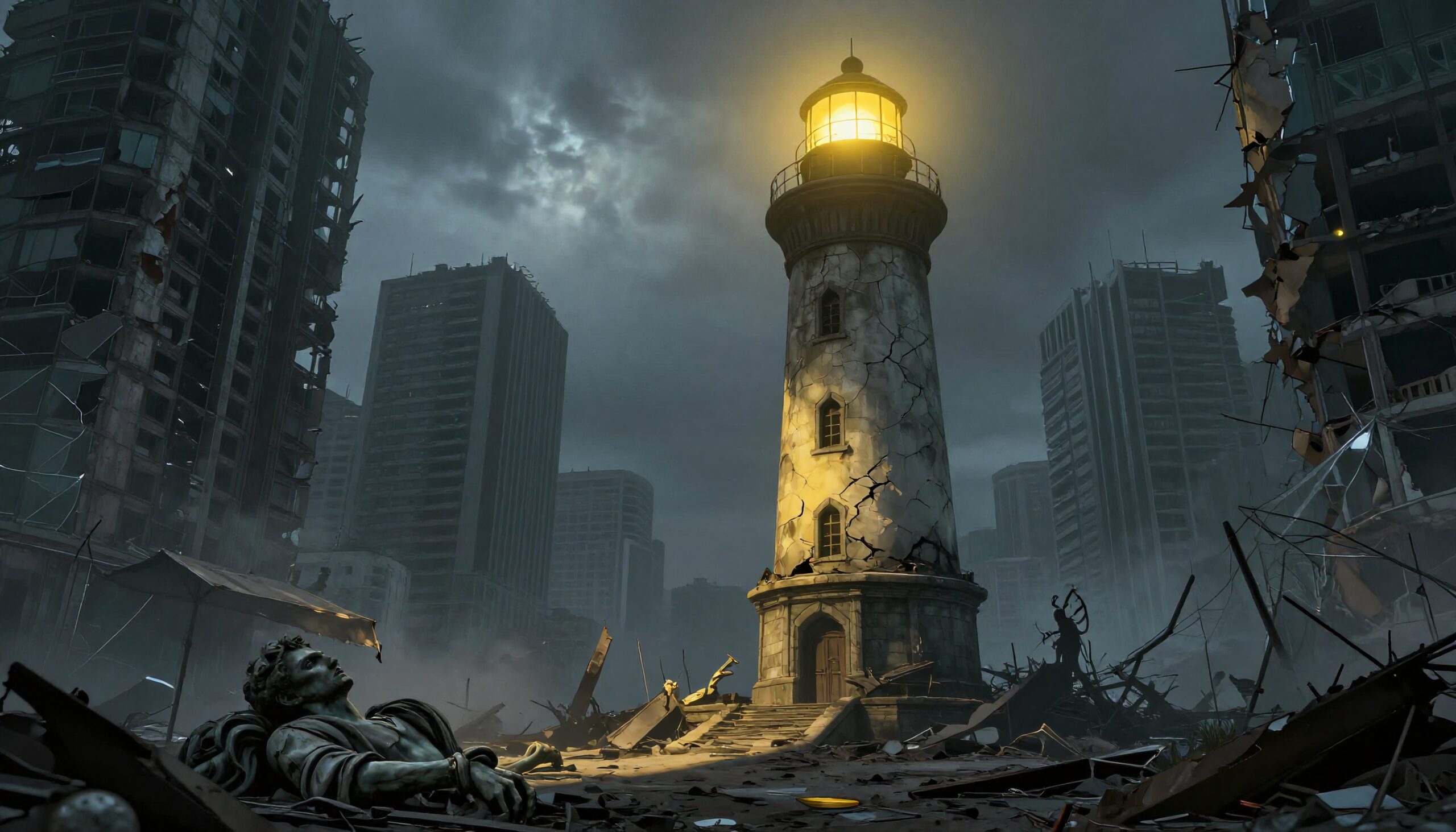 An illuminated lighthouse amidst urban ruins, standing resilient and hopeful in a stormy, post-apocalyptic cityscape.
