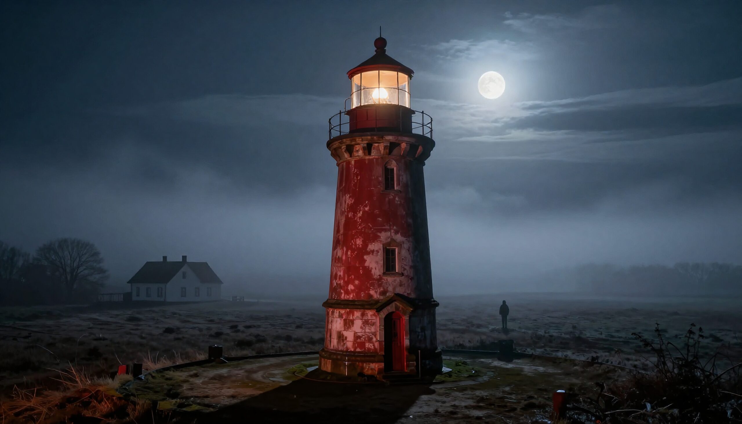 A red lighthouse glows under a full moon in a serene, foggy night landscape.