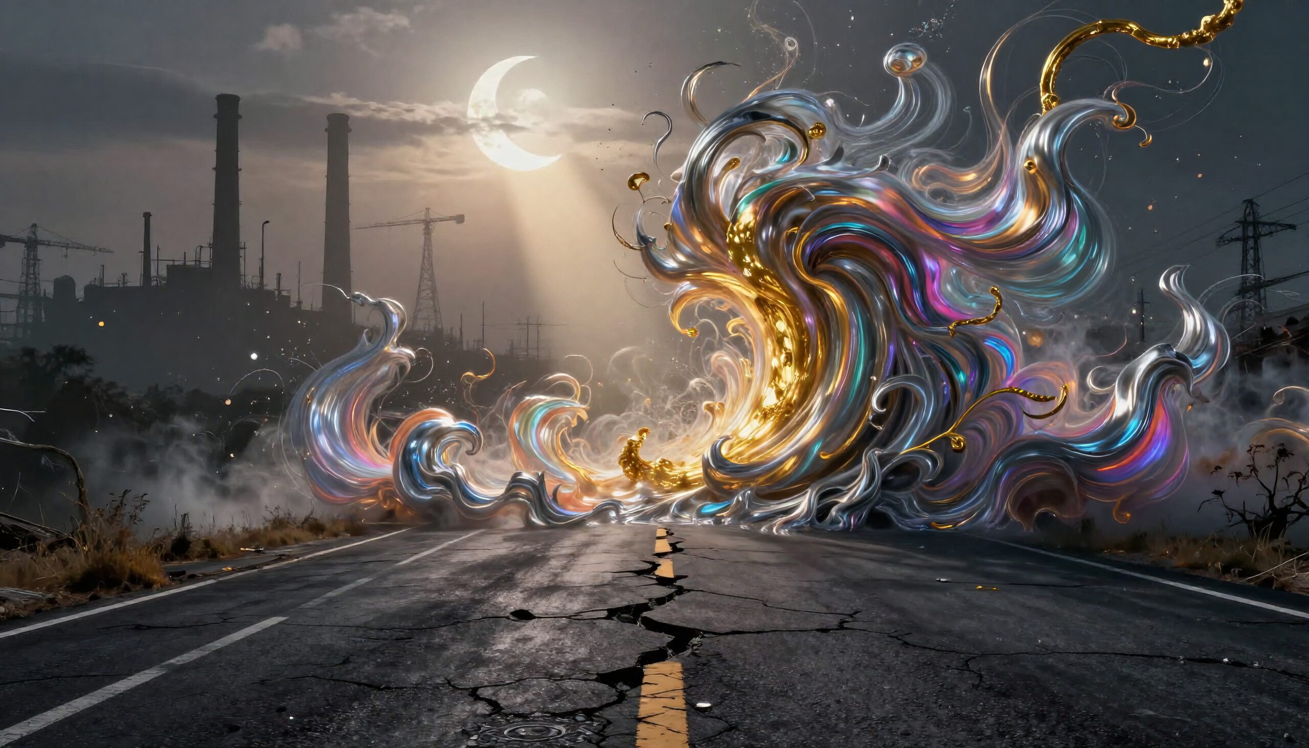A vibrant, swirling metallic form with colorful hues glows under a crescent moon amidst an industrial backdrop, featuring a cracked road.