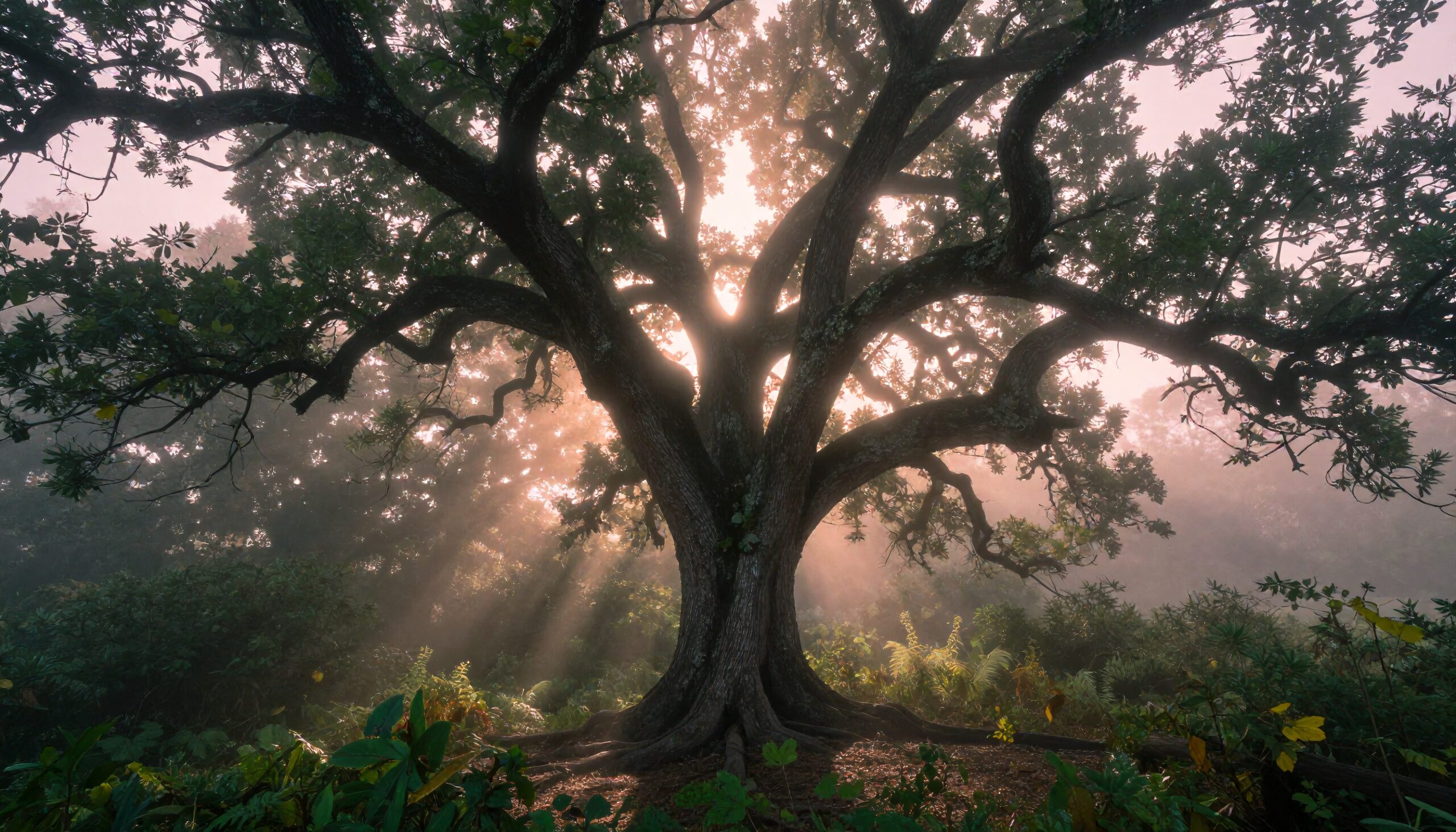 A majestic tree illuminated by sun rays amid mist in a lush forest setting.