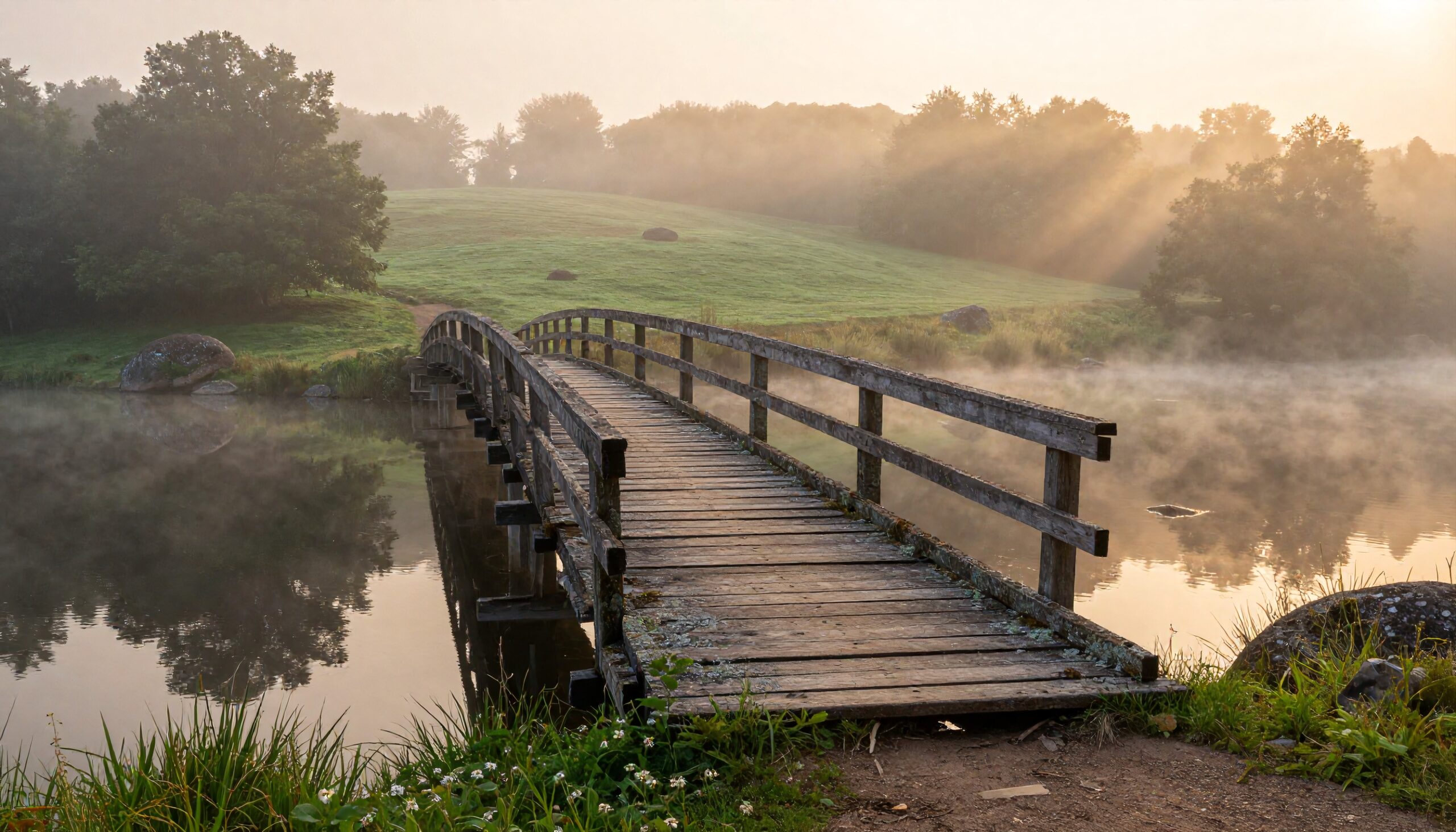 Wooden bridge over misty river with morning sunlight filtering through trees, creating a serene and tranquil atmosphere.