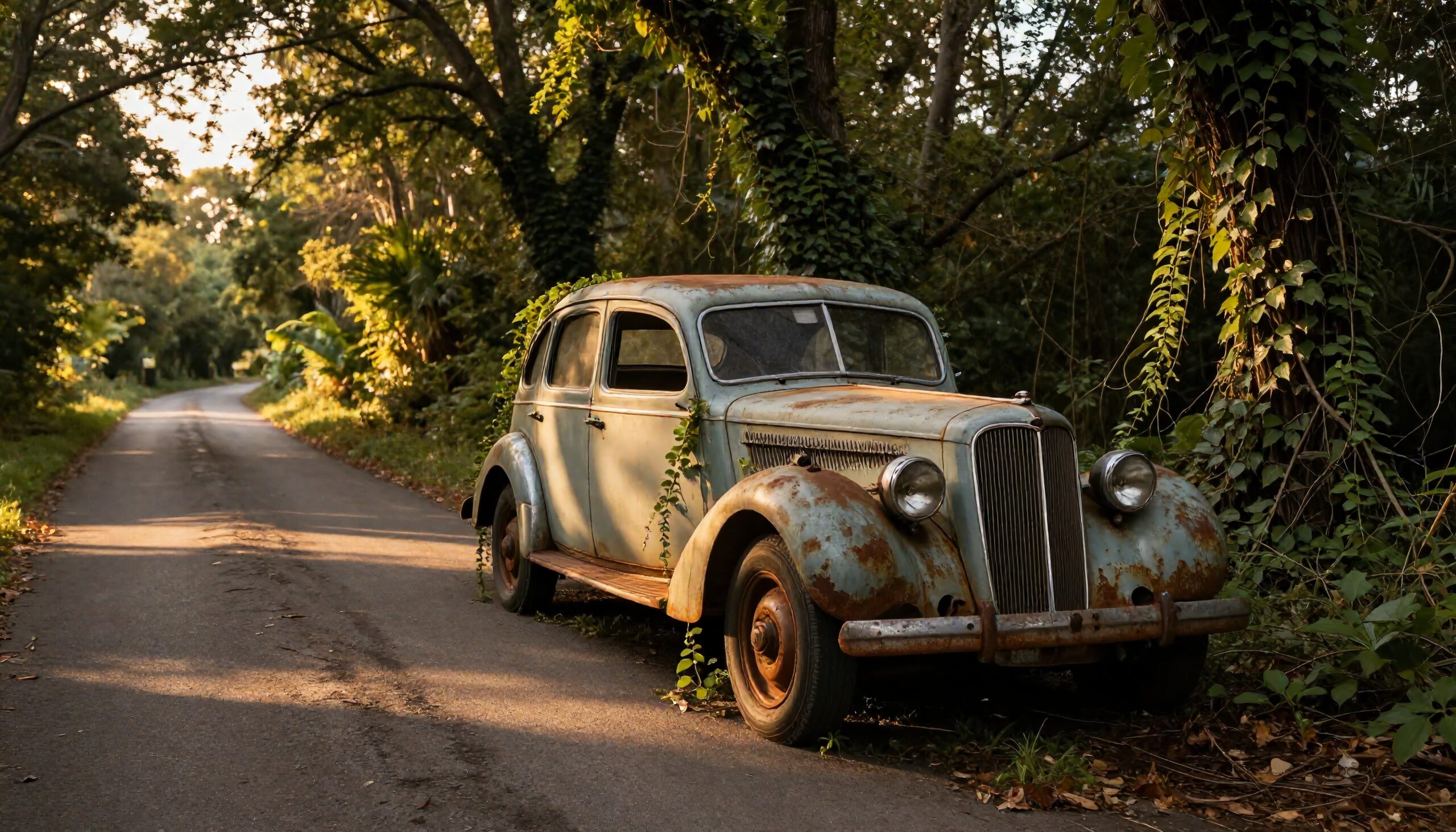 A rusted vintage car surrounded by ivy on a quiet forest road basking in the warm glow of sunlight filtering through the trees, evoking nostalgia and peacefulness.