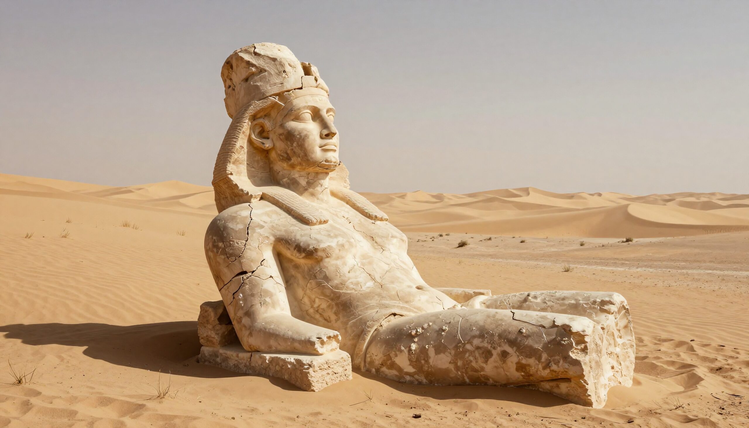 A weathered ancient statue rests in a vast desert landscape, reflecting history and majesty.
