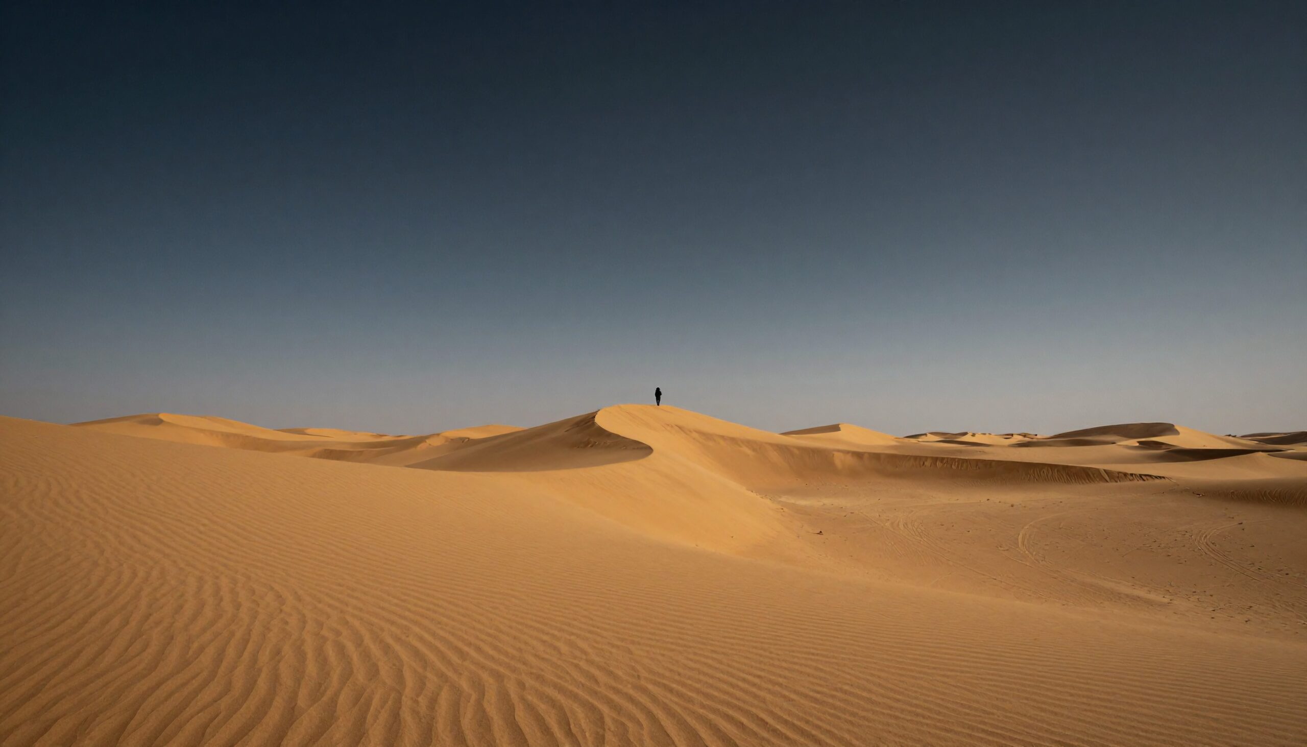 Lone figure on vast desert sand dune under clear sky.