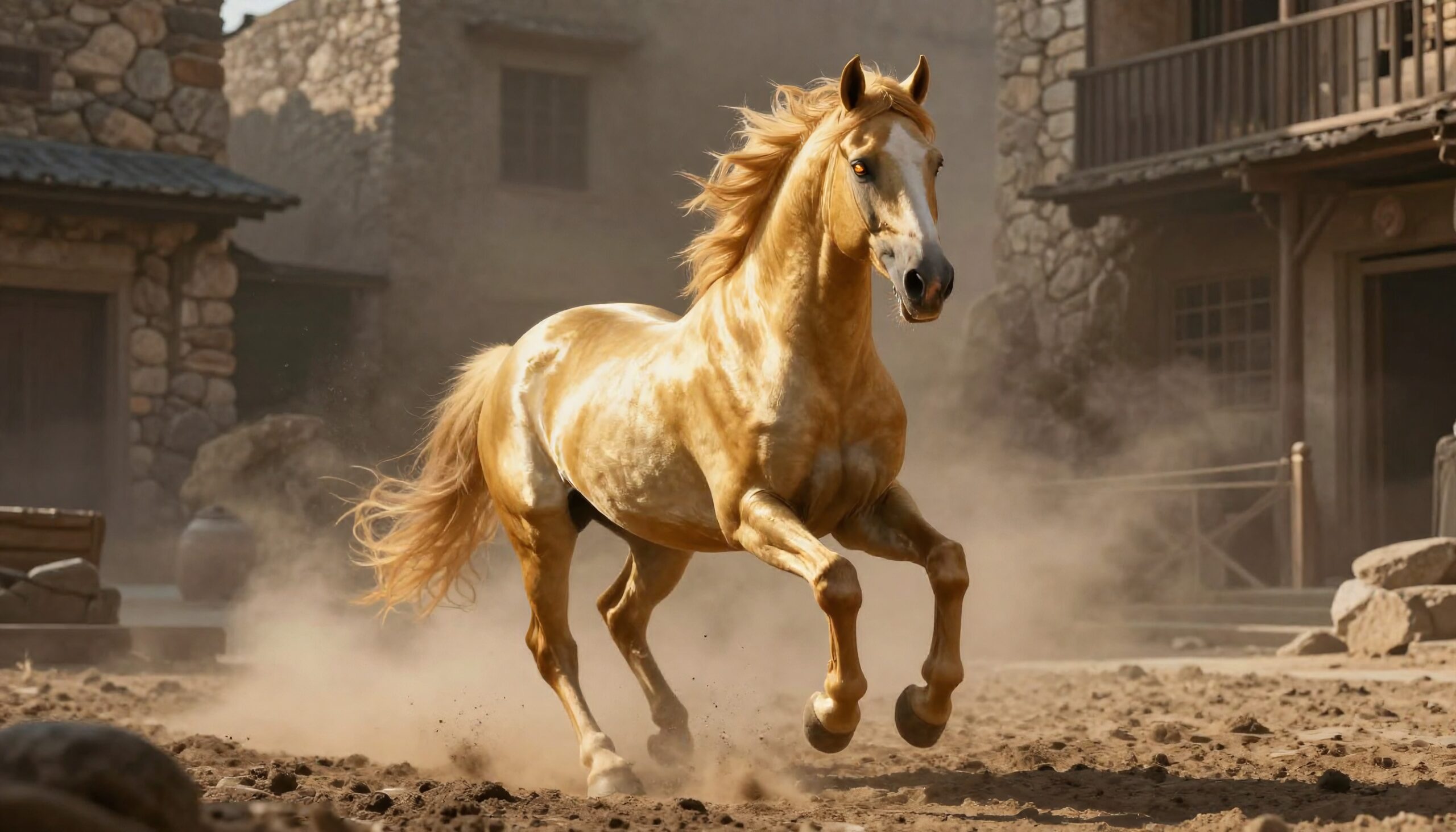 A palomino horse gallops spiritedly through a dusty western scene.