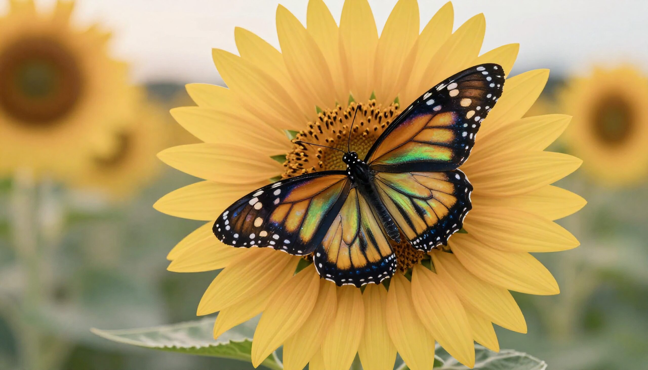 Monarch butterfly resting on a sunflower in bloom.