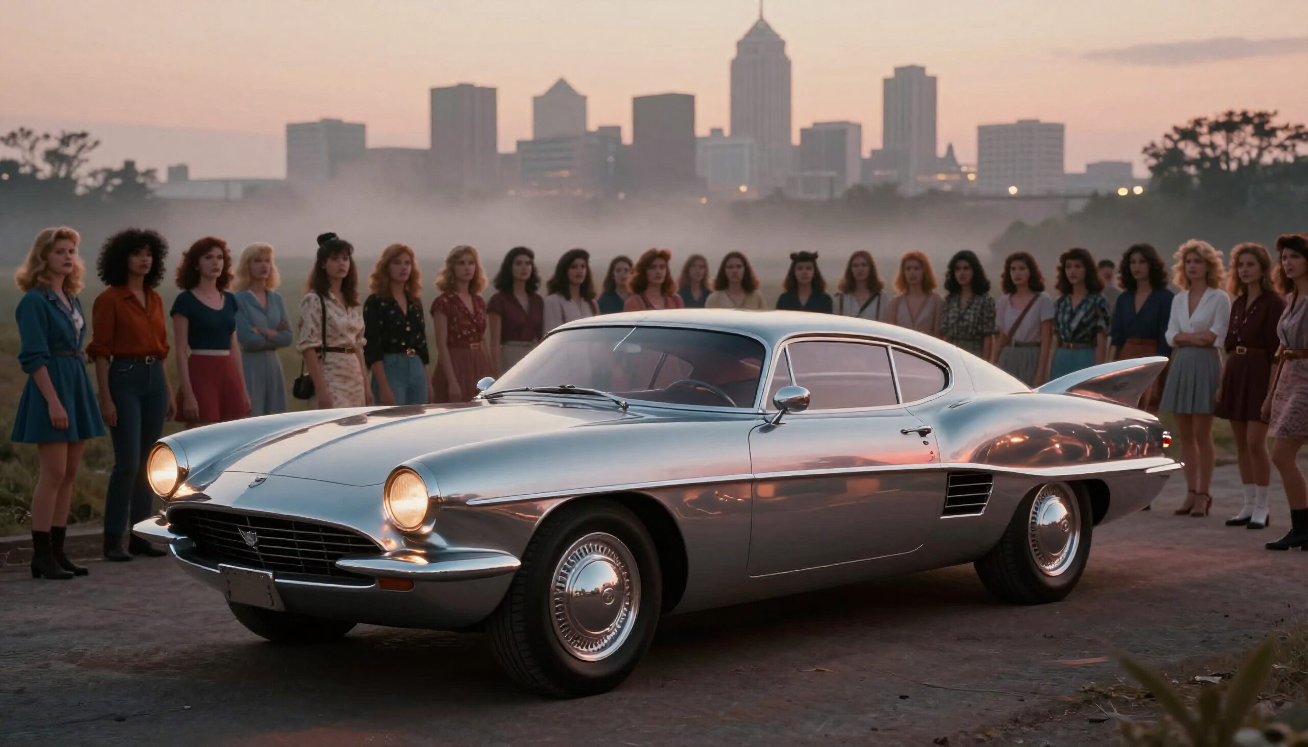 A classic silver car with vintage style admirers at dusk.