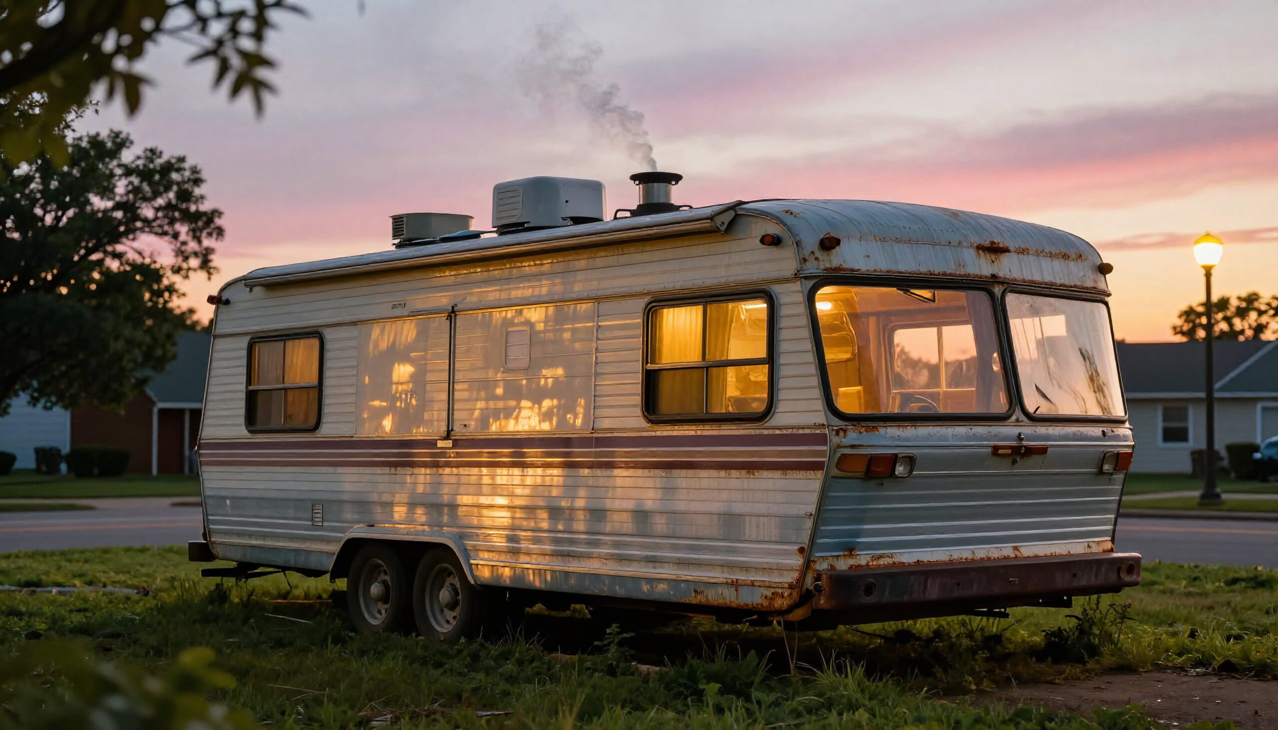 Vintage RV illuminated at sunset, radiating warmth against a tranquil suburban backdrop.