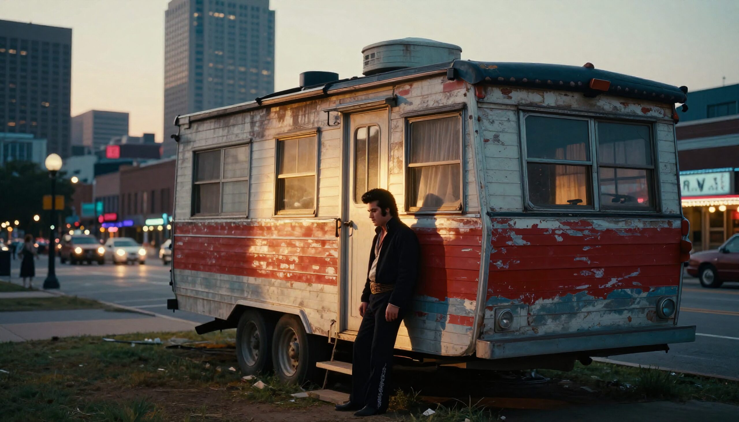 A man leaning on a worn trailer at sunset in an urban setting with city life around.