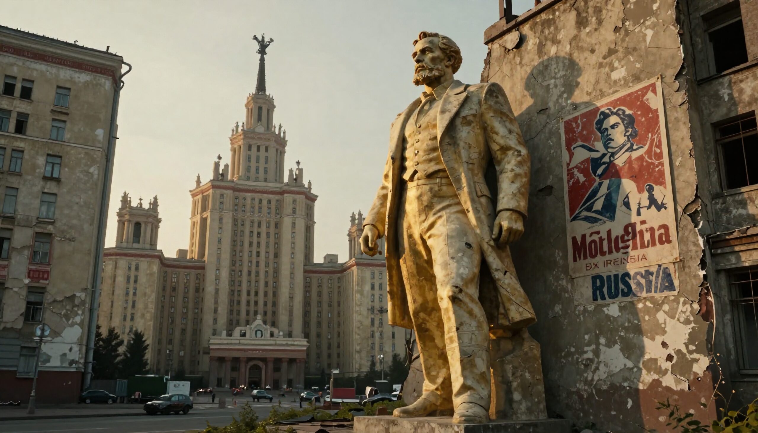Stone statue foreground, imposing Soviet-era building background, historical significance, weathered poster on wall.