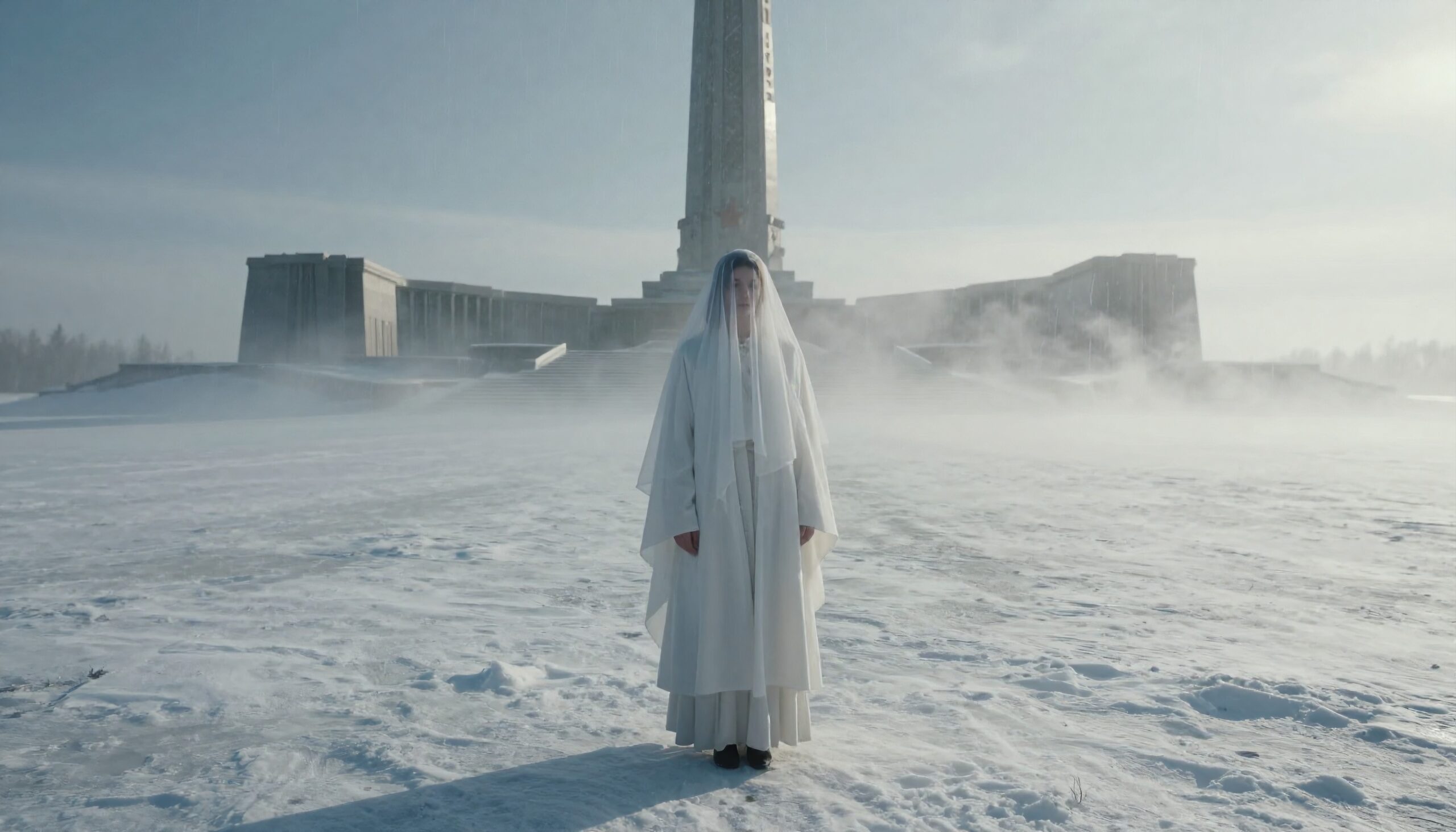 A lone white-clad figure stands before a mysterious snowy monument, enveloped in mist.