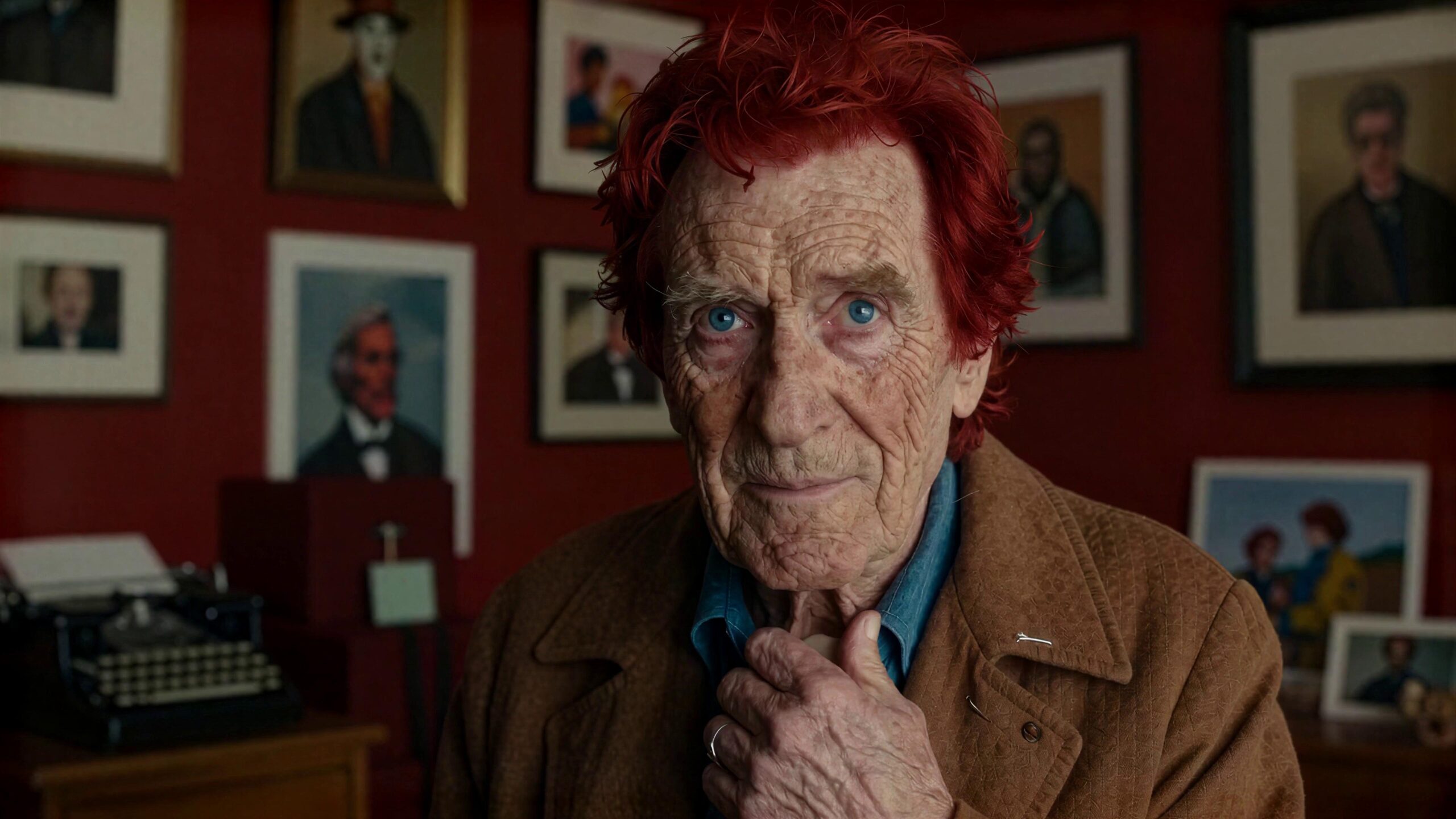 Vintage portrait-filled room with expressive older gentleman and photographs.