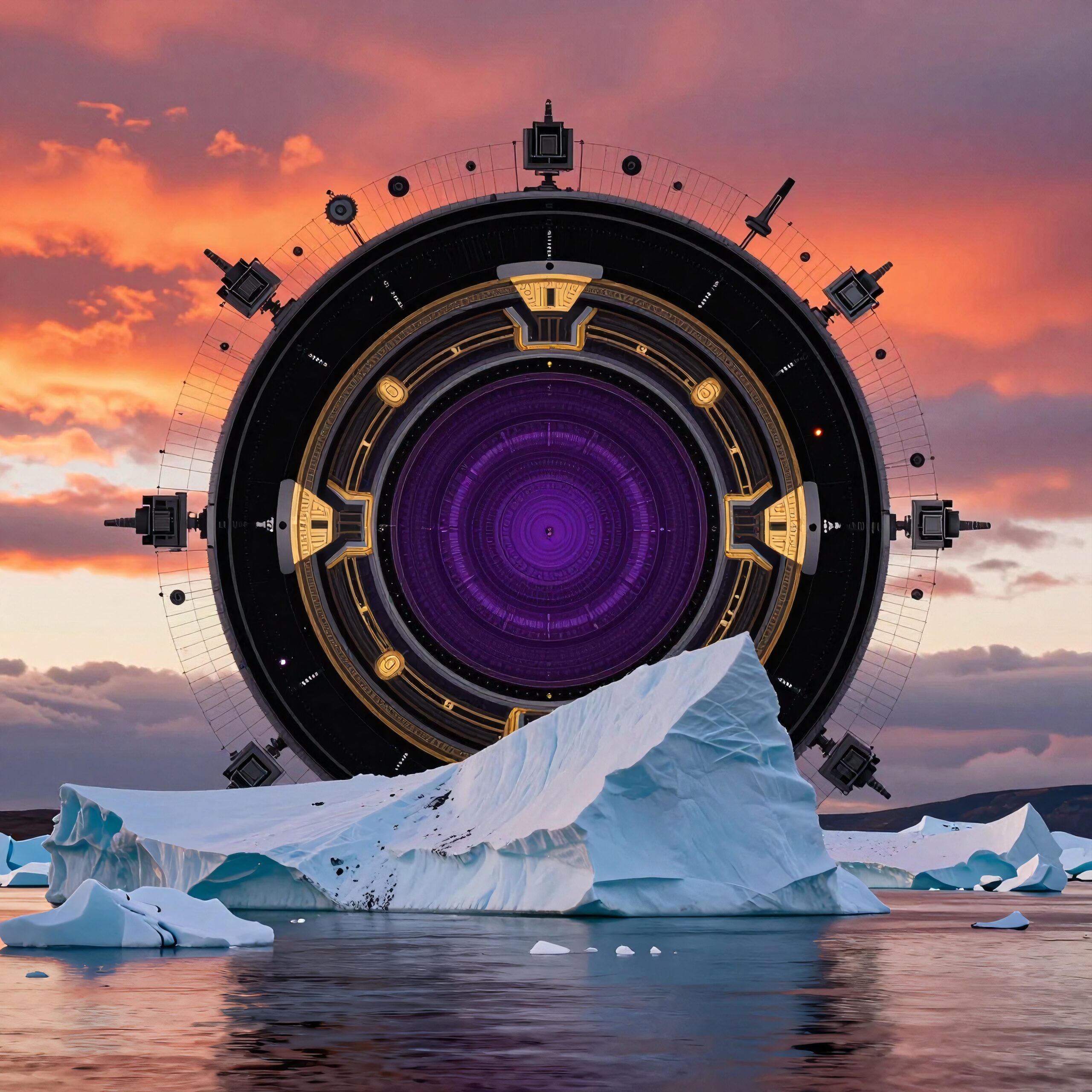 Futuristic circular structure hovers above icebergs against a vibrant sunset sky.