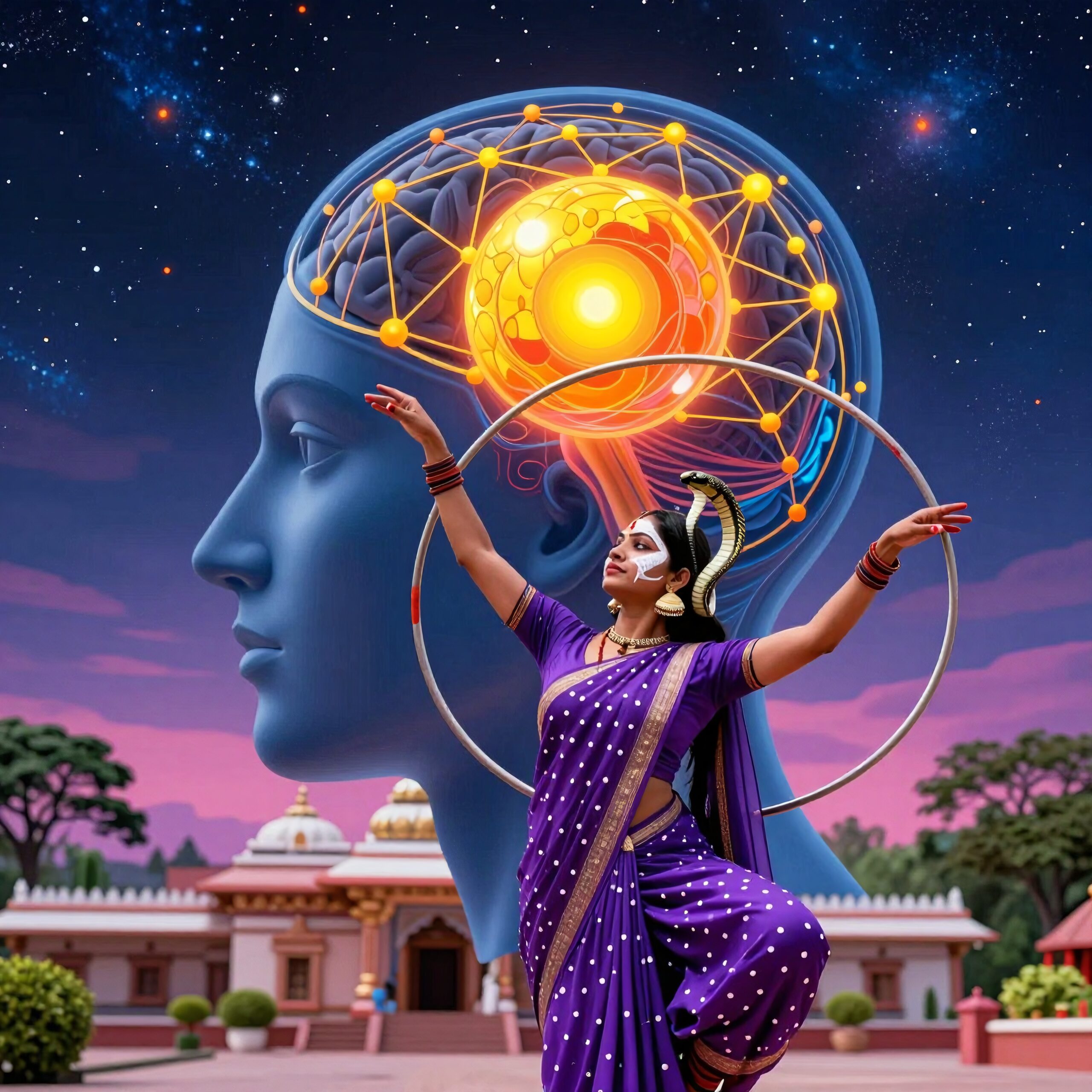 Image showing a woman in traditional Indian attire posing against a large cosmic-themed backdrop featuring a neural network and temple.