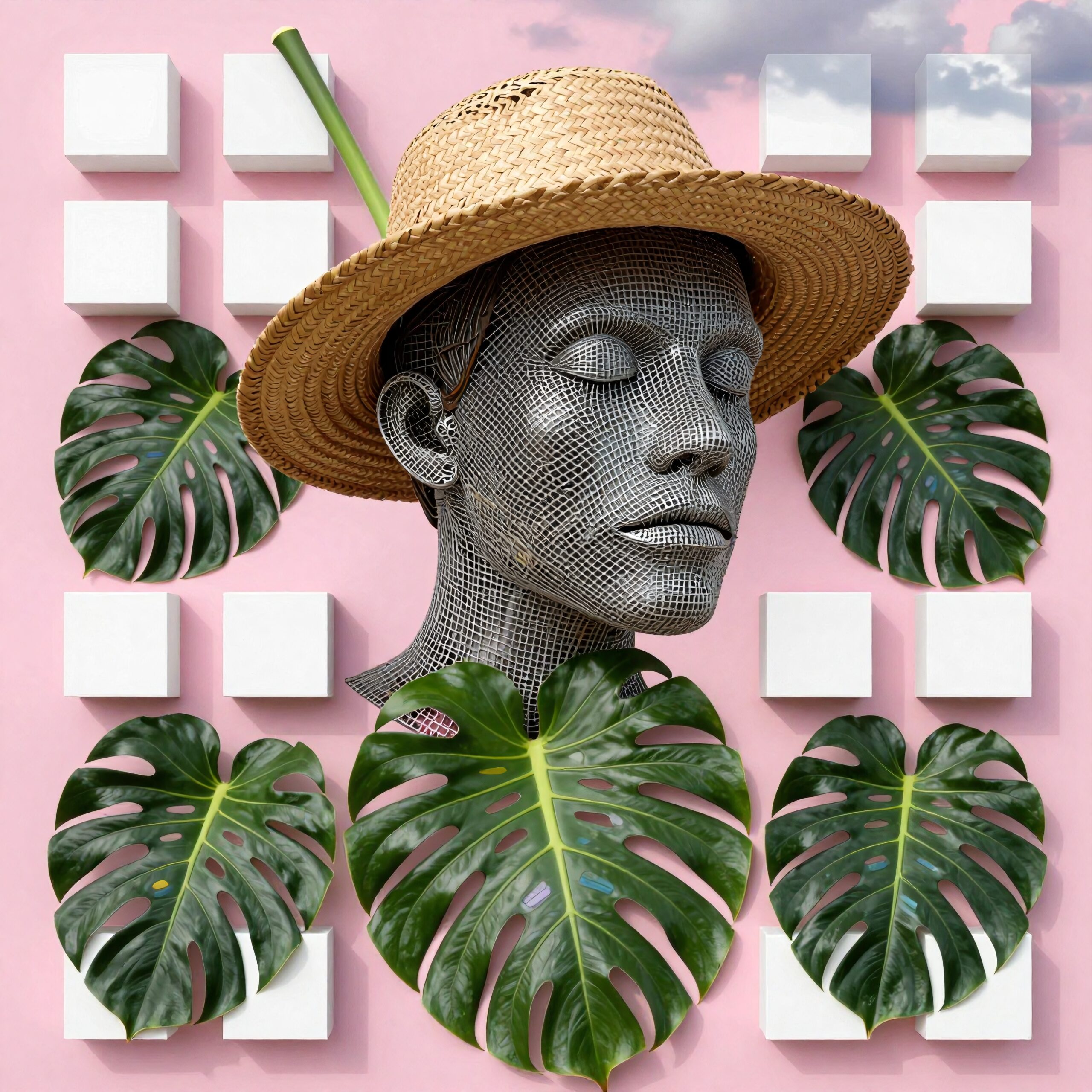 A wireframe head with straw hat, surrounded by monstera leaves and white cubes against a pink background.