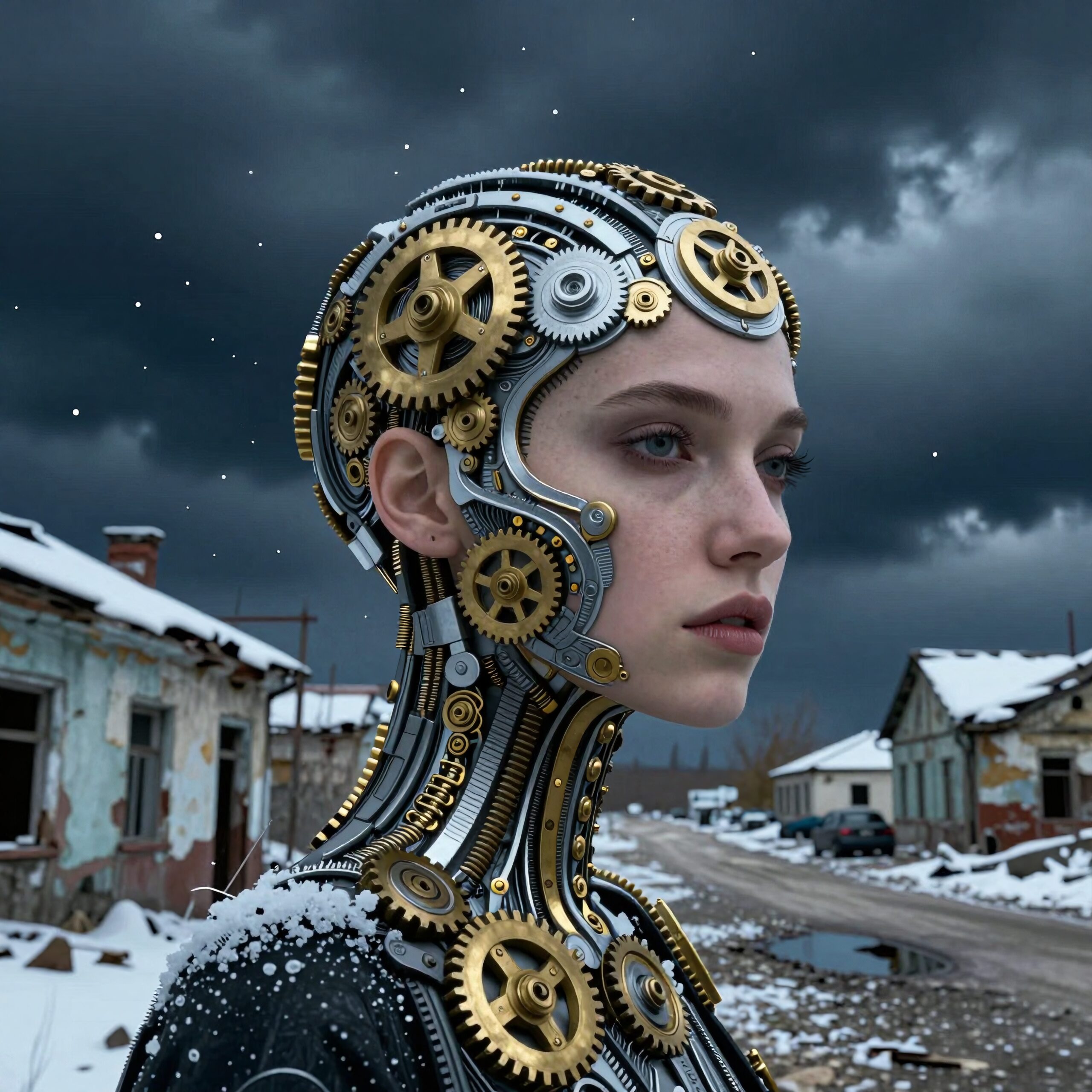 A cybernetic humanoid with golden gears in a snowy, desolate village.