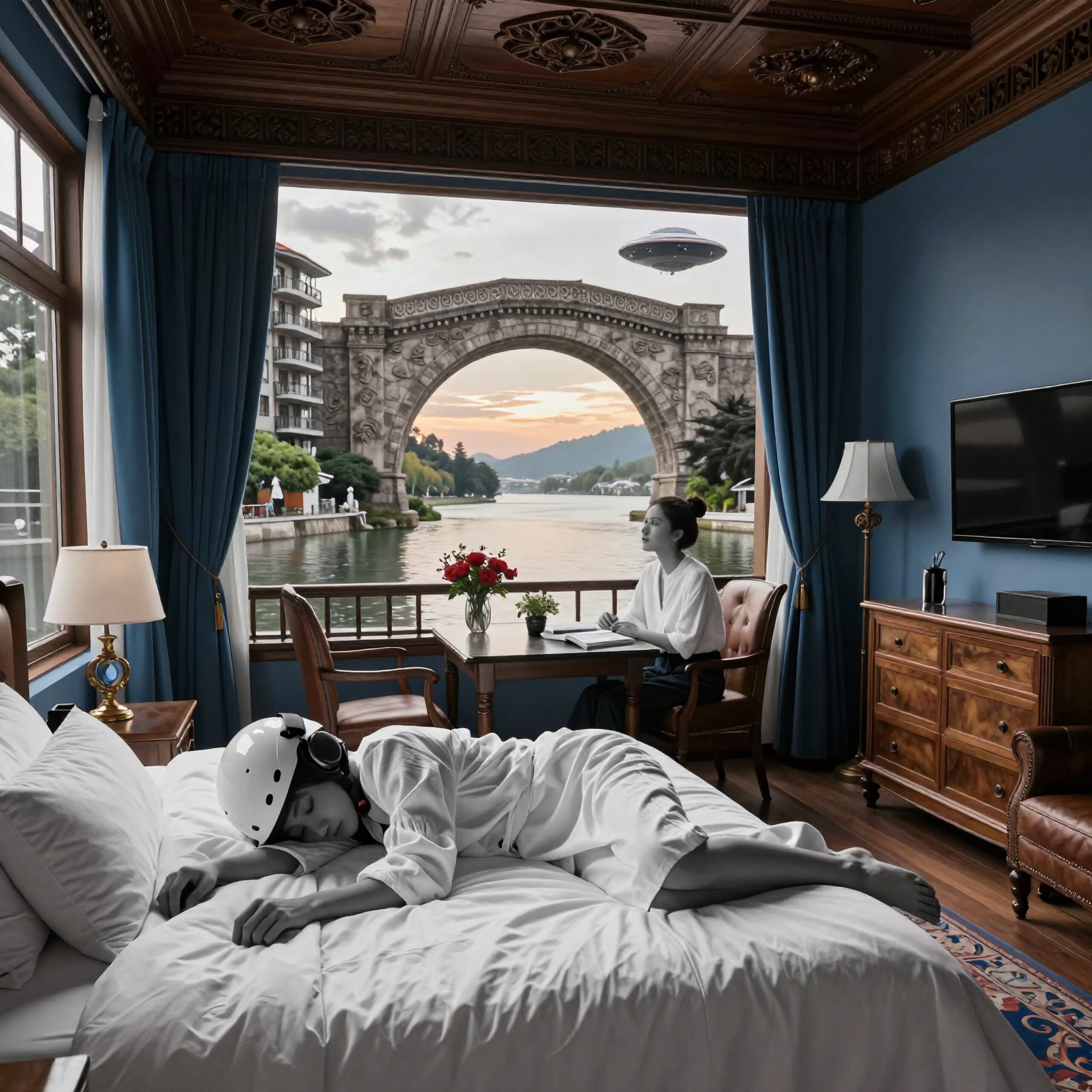 A woman sleeping in a hotel room wearing a helmet with a UFO visible through the window.
